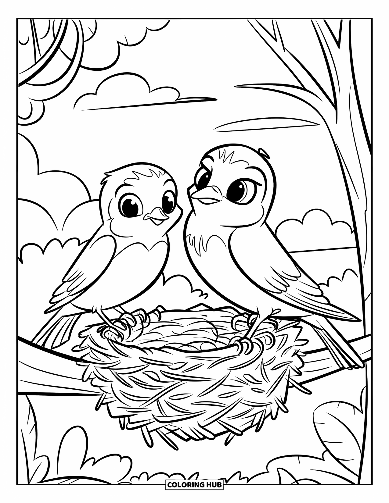Blue Coloring Page for Kids: A pair of bluebirds perched on a branch, busy building a nest