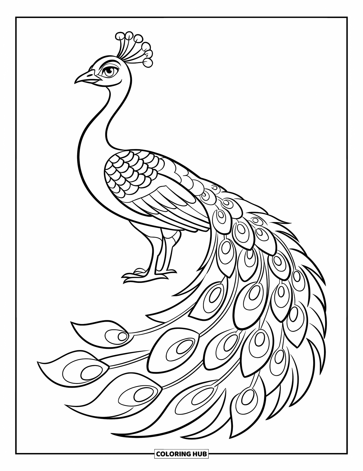 Blue Coloring Page for Kids: A pretty peacock standing still with its tail folded behind