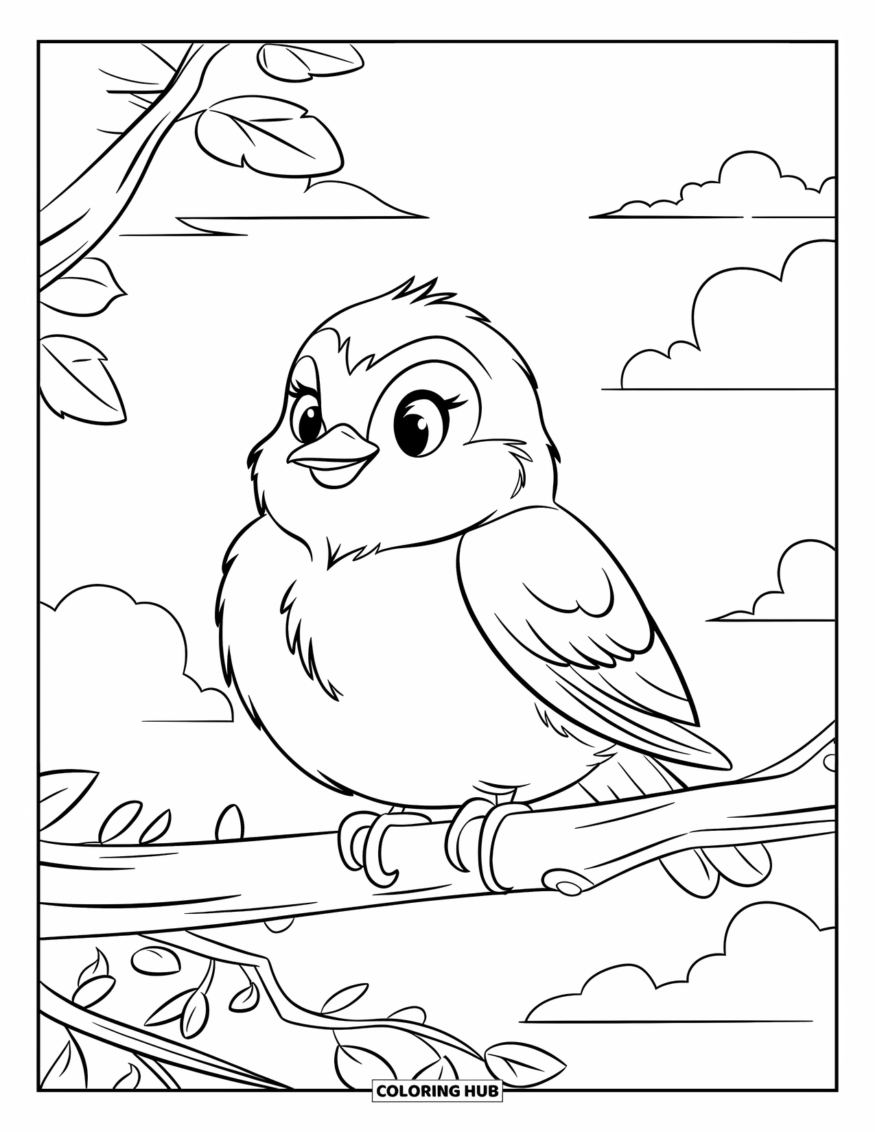 Blue Coloring Page for Kids: A round bluebird sitting on a branch under a bright sky