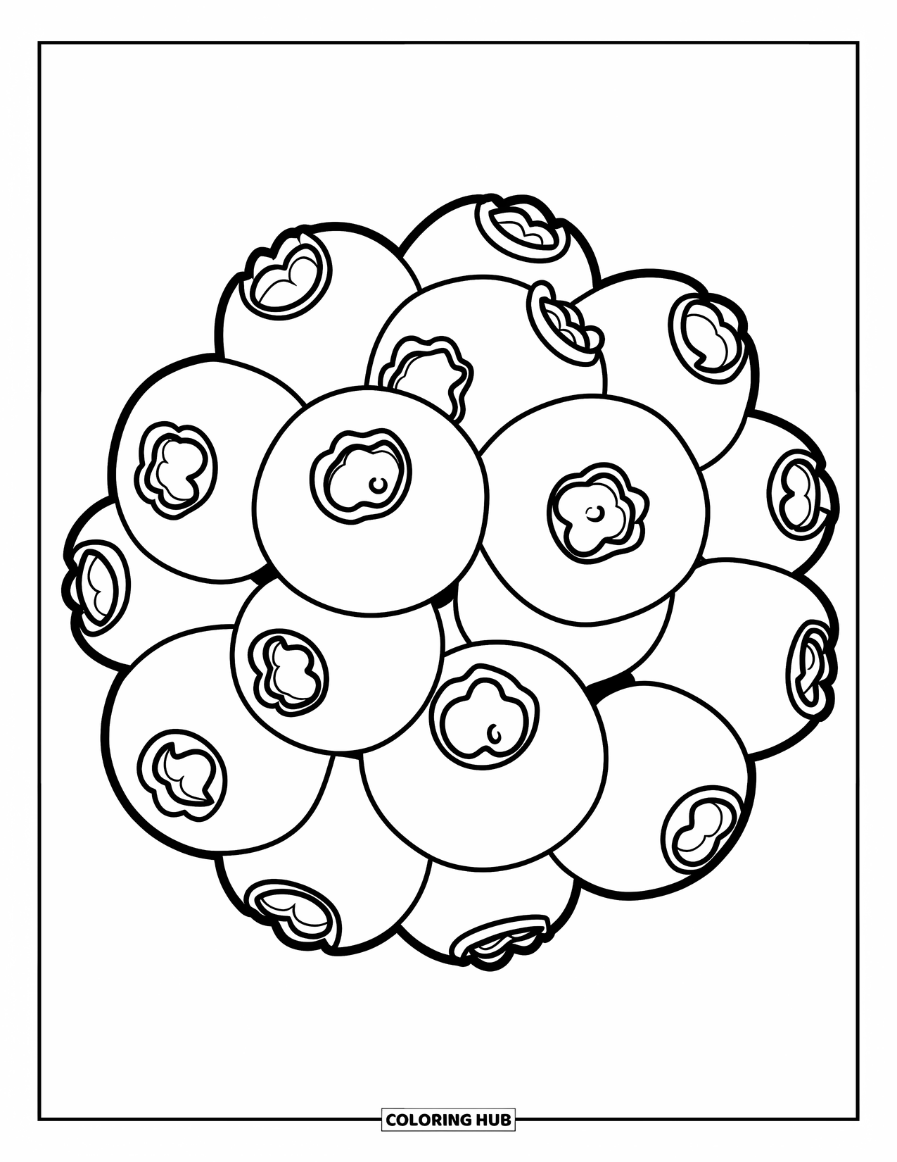 Blue Coloring Page for Kids: A round bunch of blueberries sitting against a white background