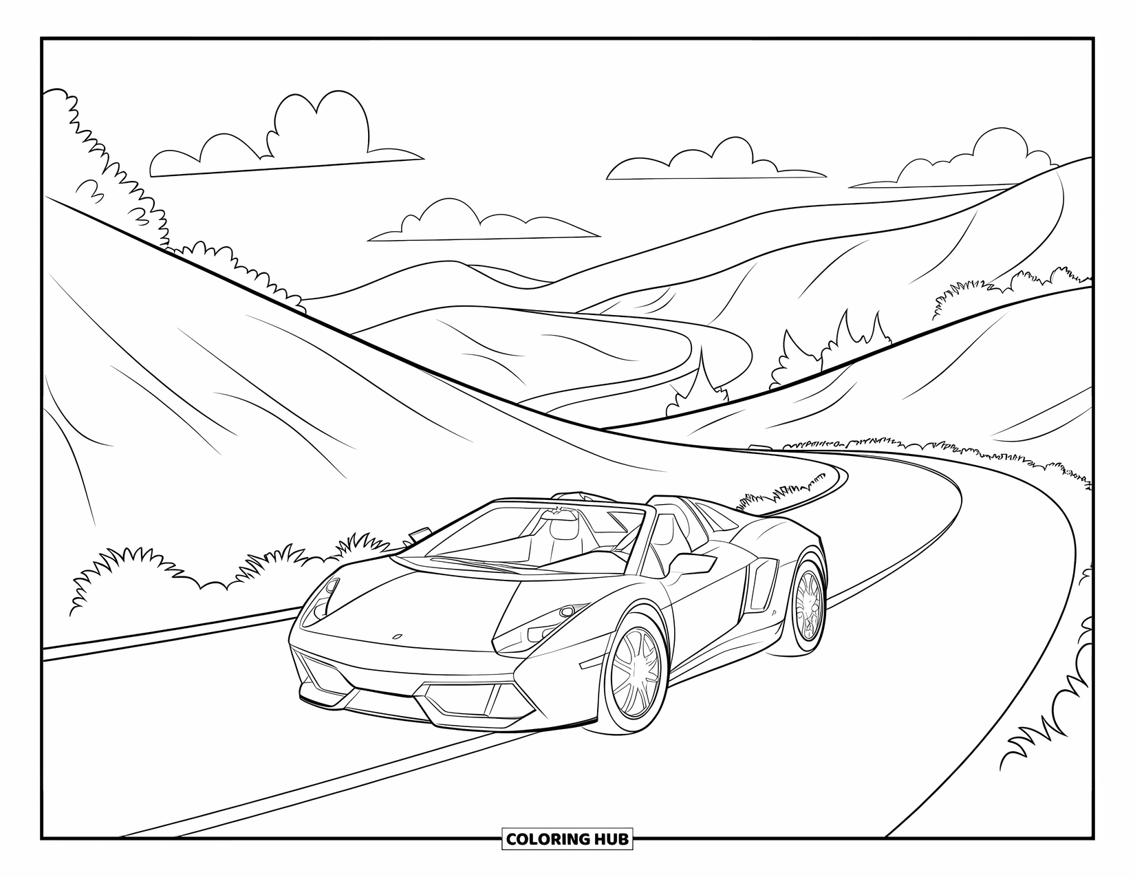 Blue Coloring Page for Kids: A sleek red sports car driving through winding hills under a clear blue sky
