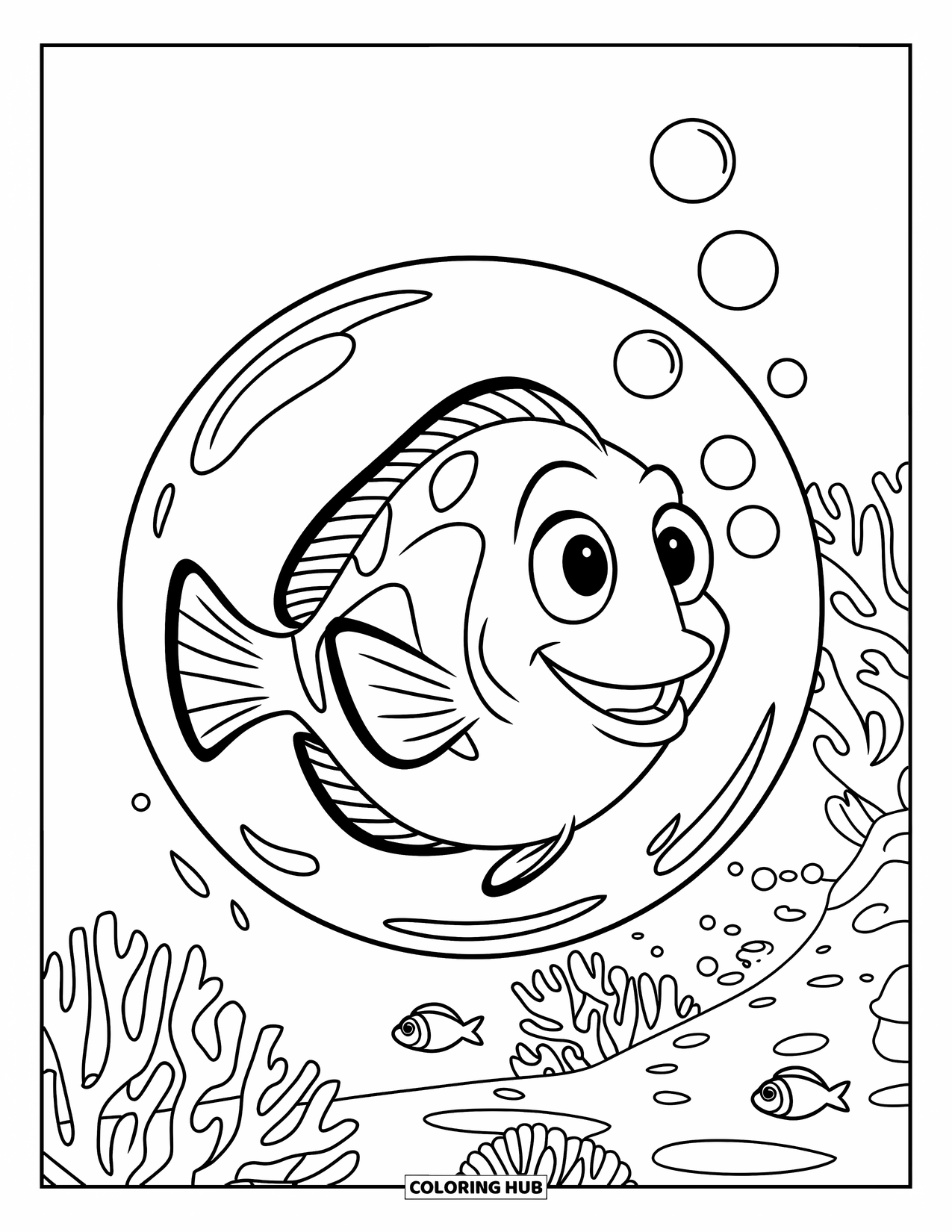 Blue Coloring Page for Kids: A smiling blue tang fish floating happily inside a bubble
