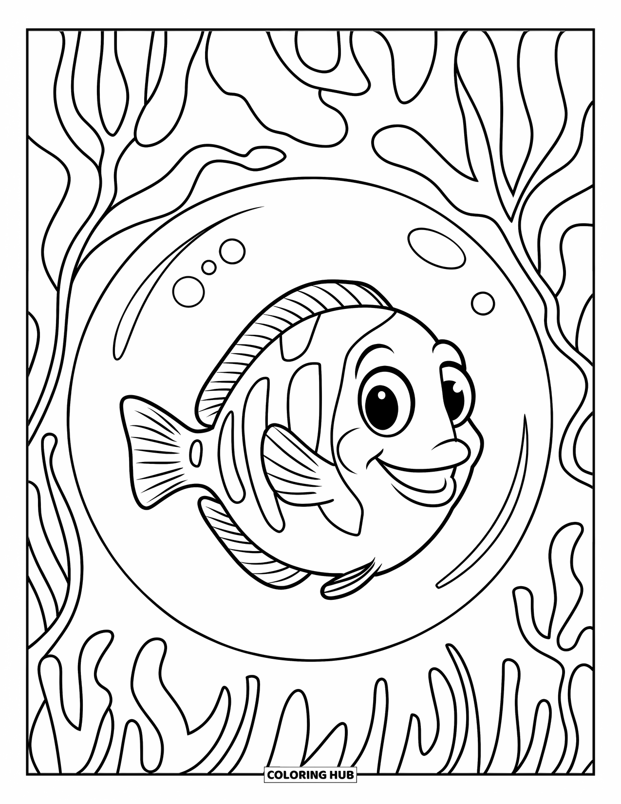 Blue Coloring Page for Kids: A smiling fish inside a bubble surrounded by seaweed