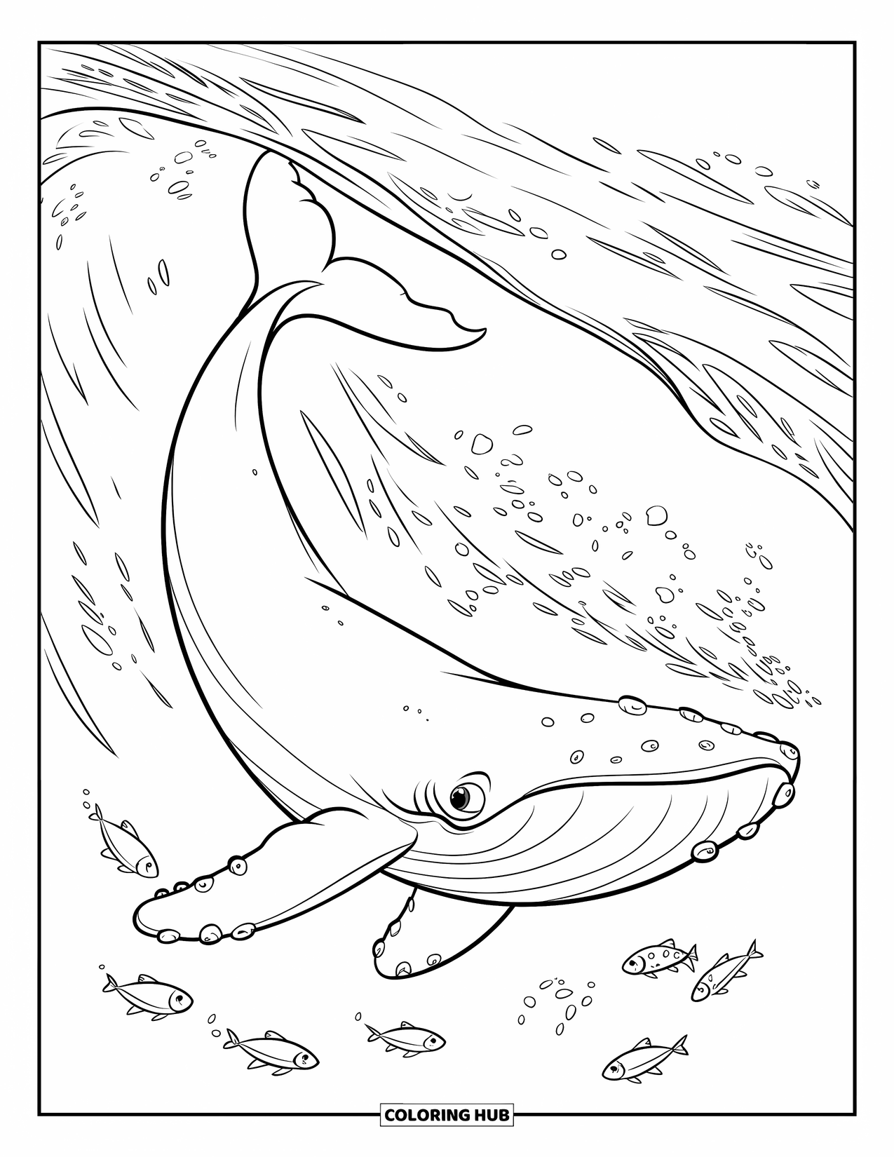 Blue Coloring Page for Kids: A smiling whale splashing joyfully through calm ocean waves