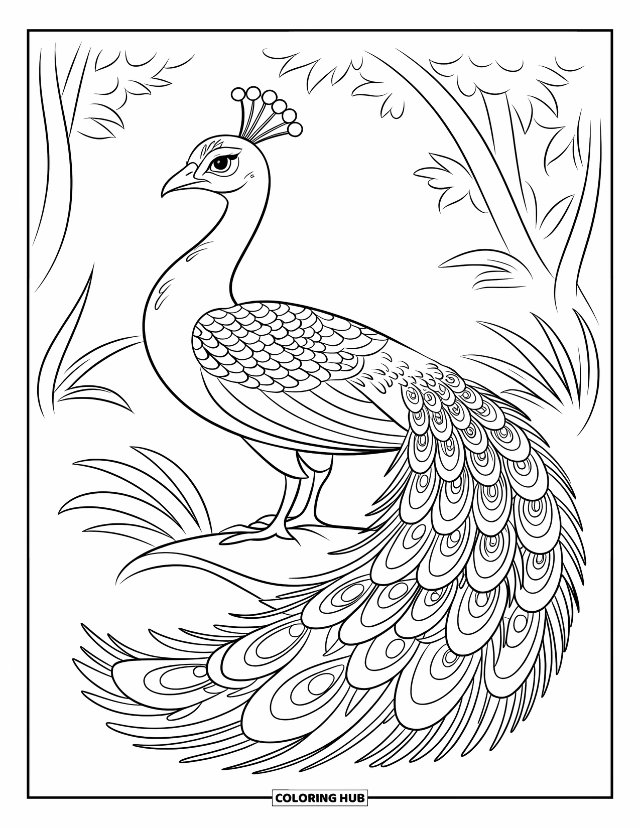 Blue Coloring Page for Kids: A vibrant peacock standing among leaves in a lush green forest