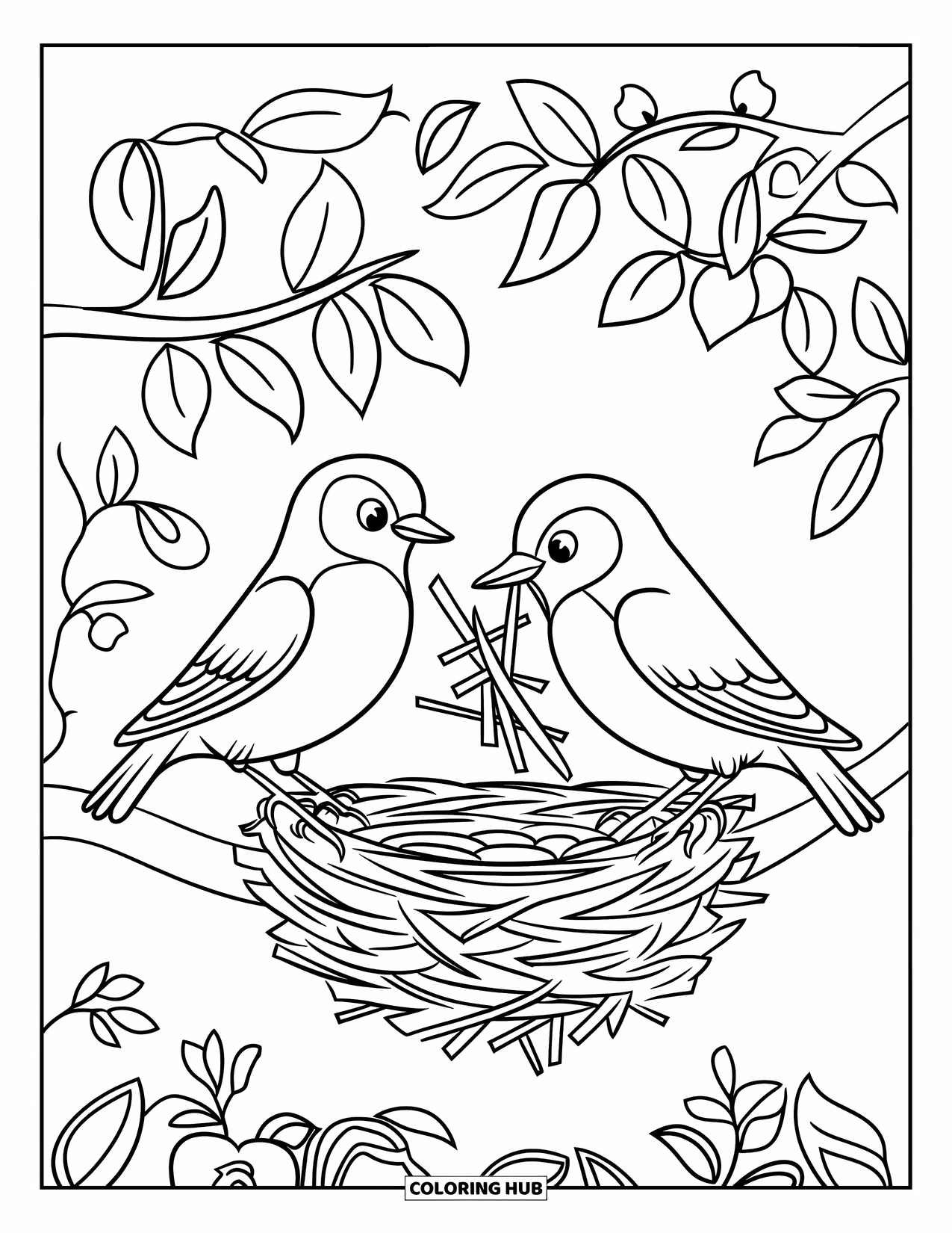 Blue Coloring Page for Kids: Bluebirds happily gathering twigs to build their cozy nest