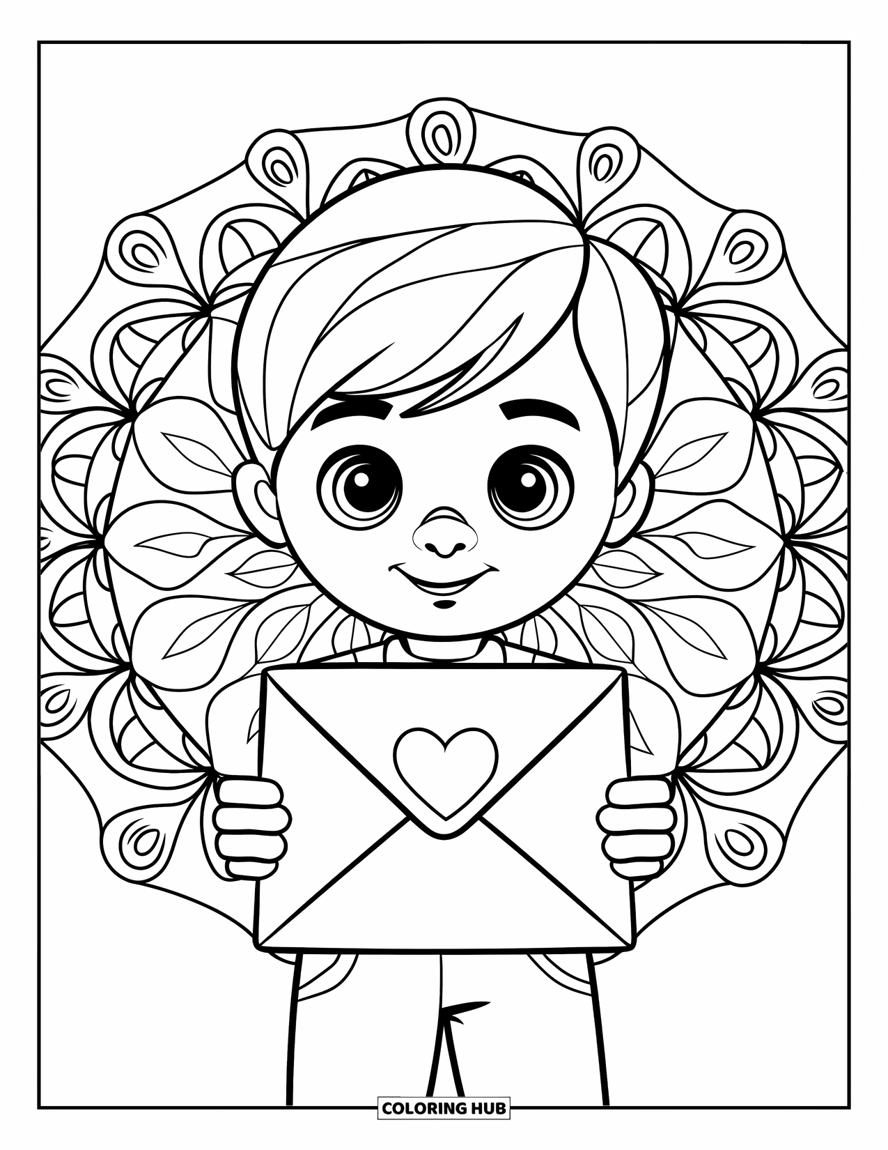 Boy Valentine Coloring Page for Adults: A boy holds a love letter within a detailed floral mandala design