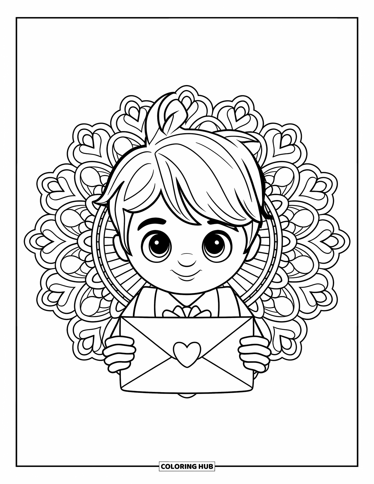 Boy Valentine Coloring Page for Adults: A boy holds a Valentine letter framed by a floral mandala pattern