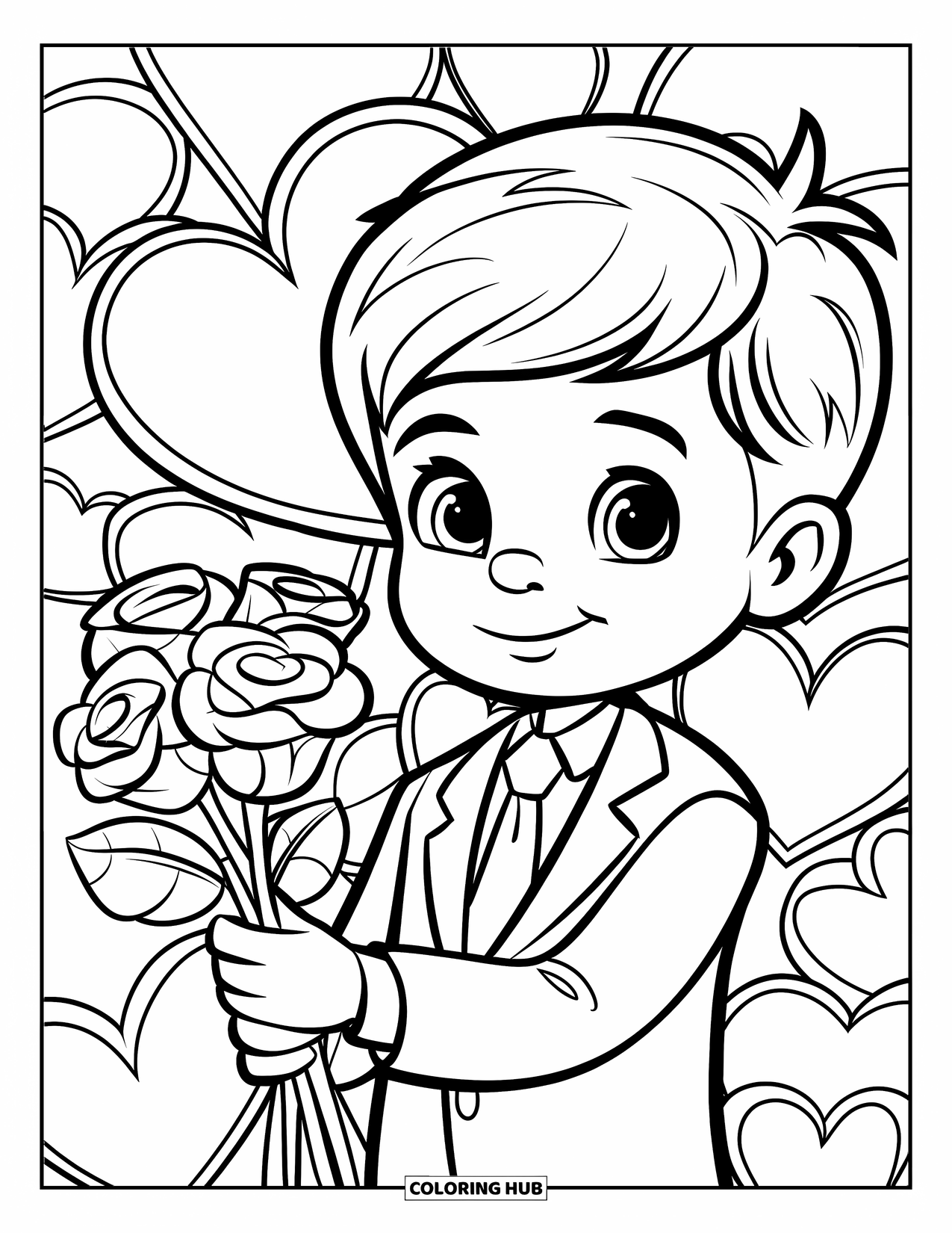 Boy Valentine Coloring Page for Adults: A boy in a suit gives roses framed by stained-glass hearts