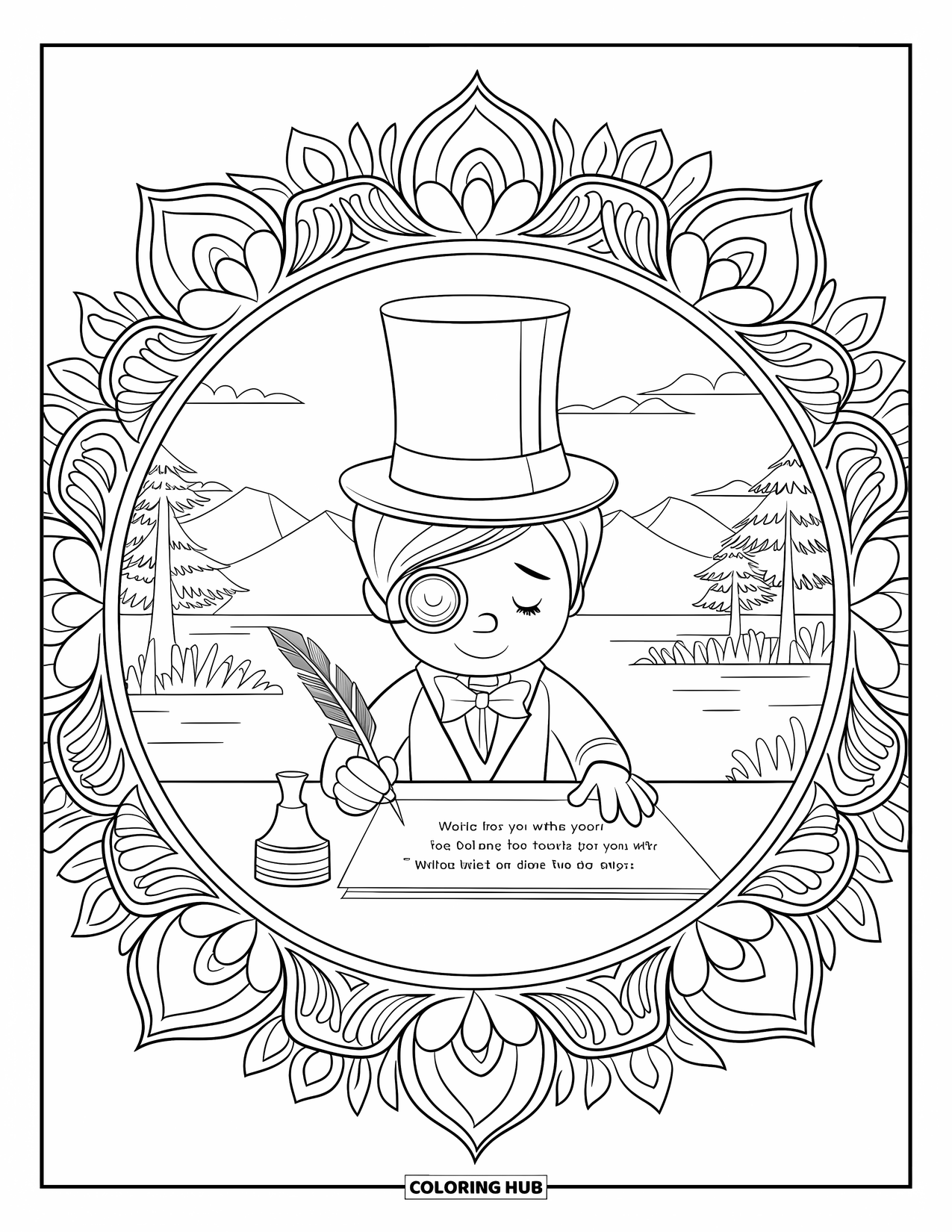 Boy Valentine Coloring Page for Adults: A boy in a top hat writes a Valentine poem framed by floral mandalas