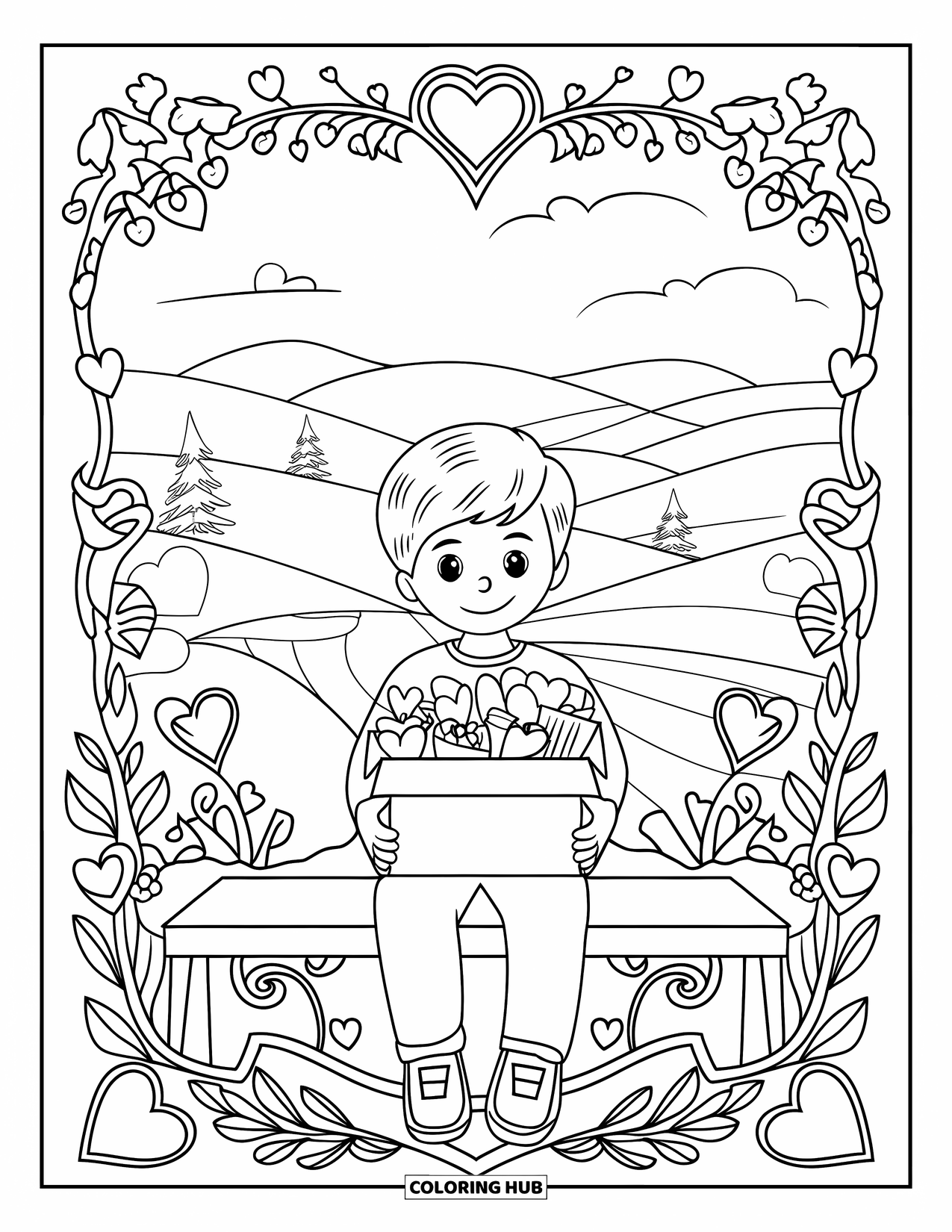 Boy Valentine Coloring Page for Adults: A boy sits on a bench with Valentine gifts amid rolling hills and flowers