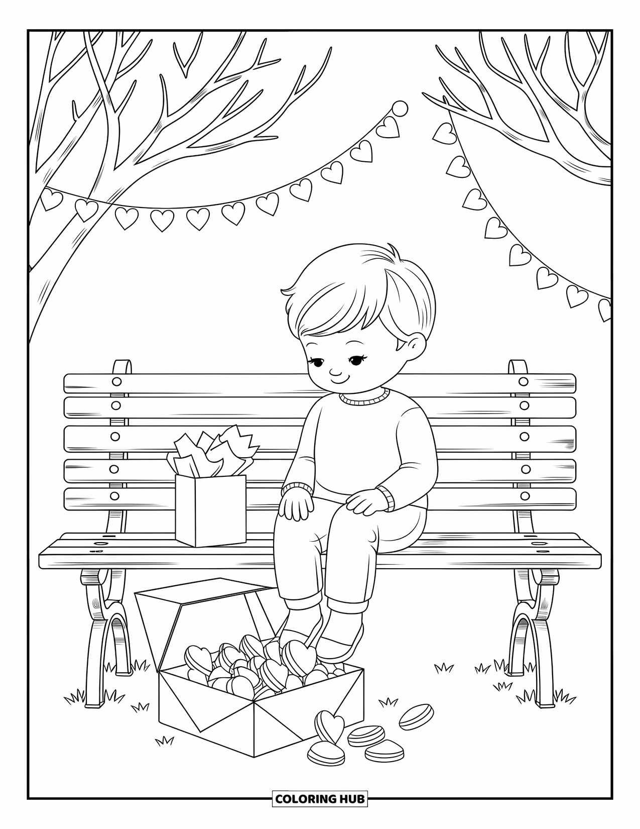 Boy Valentine Coloring Page for Adults: A boy sits on a park bench with a box of heart-shaped cookies