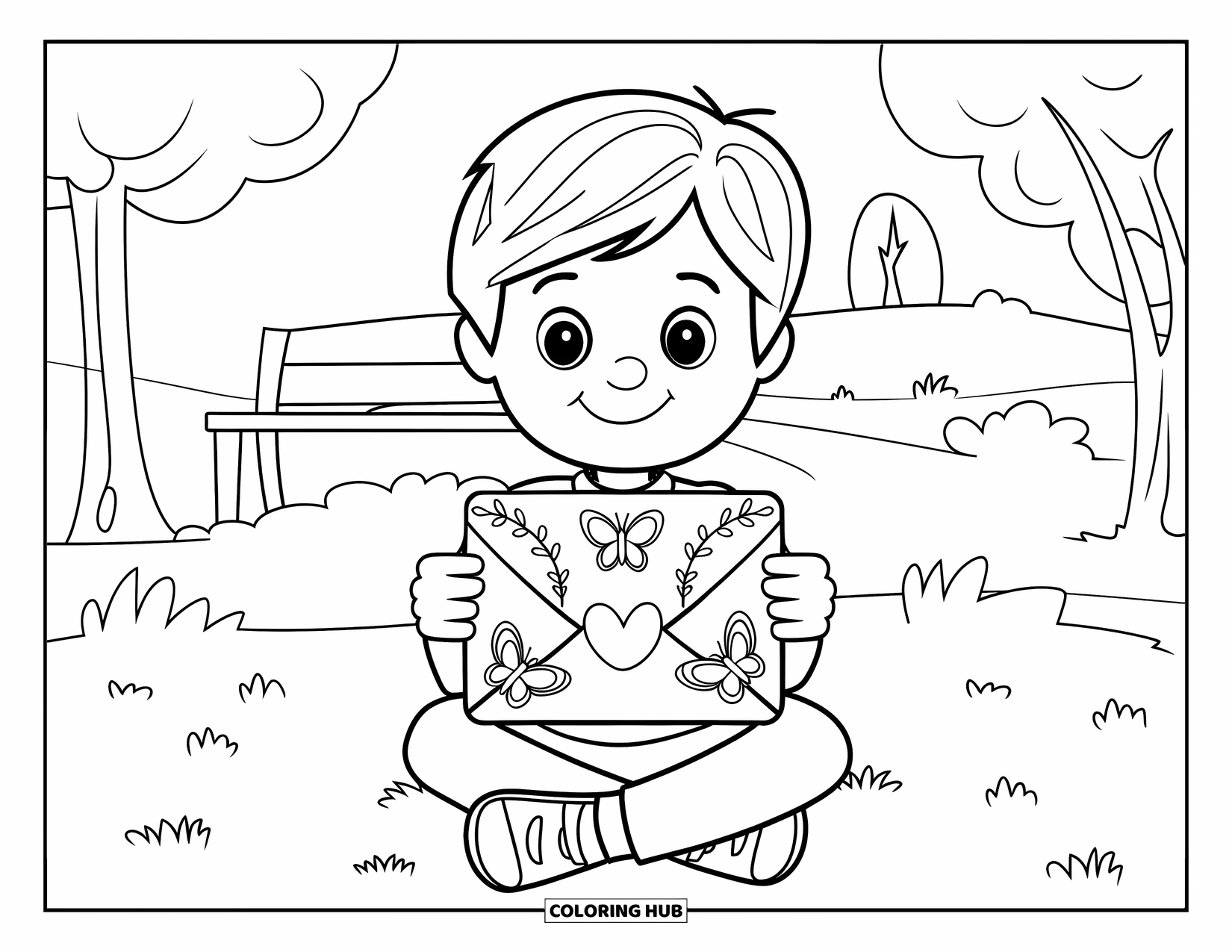 Boy Valentine Coloring Page for Adults: A boy sits on the grass holding a Valentine envelope covered in butterflies