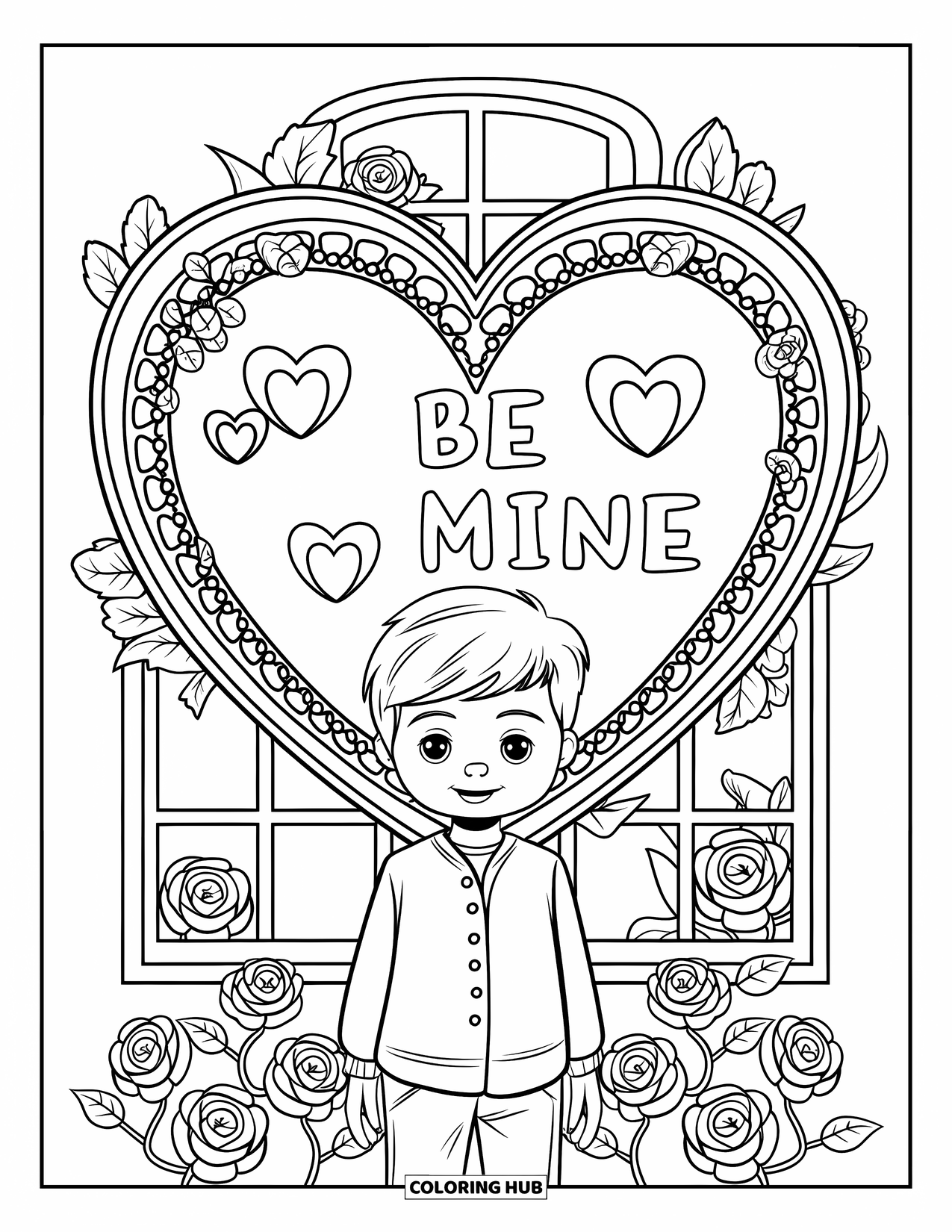 Boy Valentine Coloring Page for Adults: A boy stands by a lace heart window with ìBe Mineî written across it