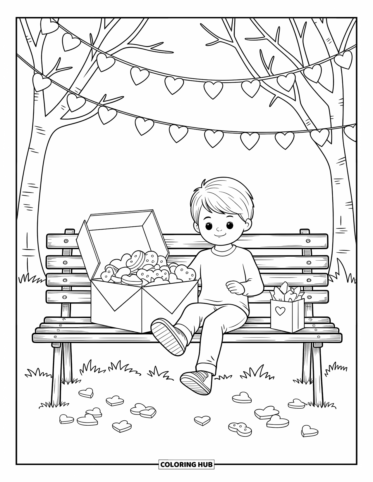 Boy Valentine Coloring Page for Adults: A boy with a beanie eats Valentine treats under trees with heart garlands