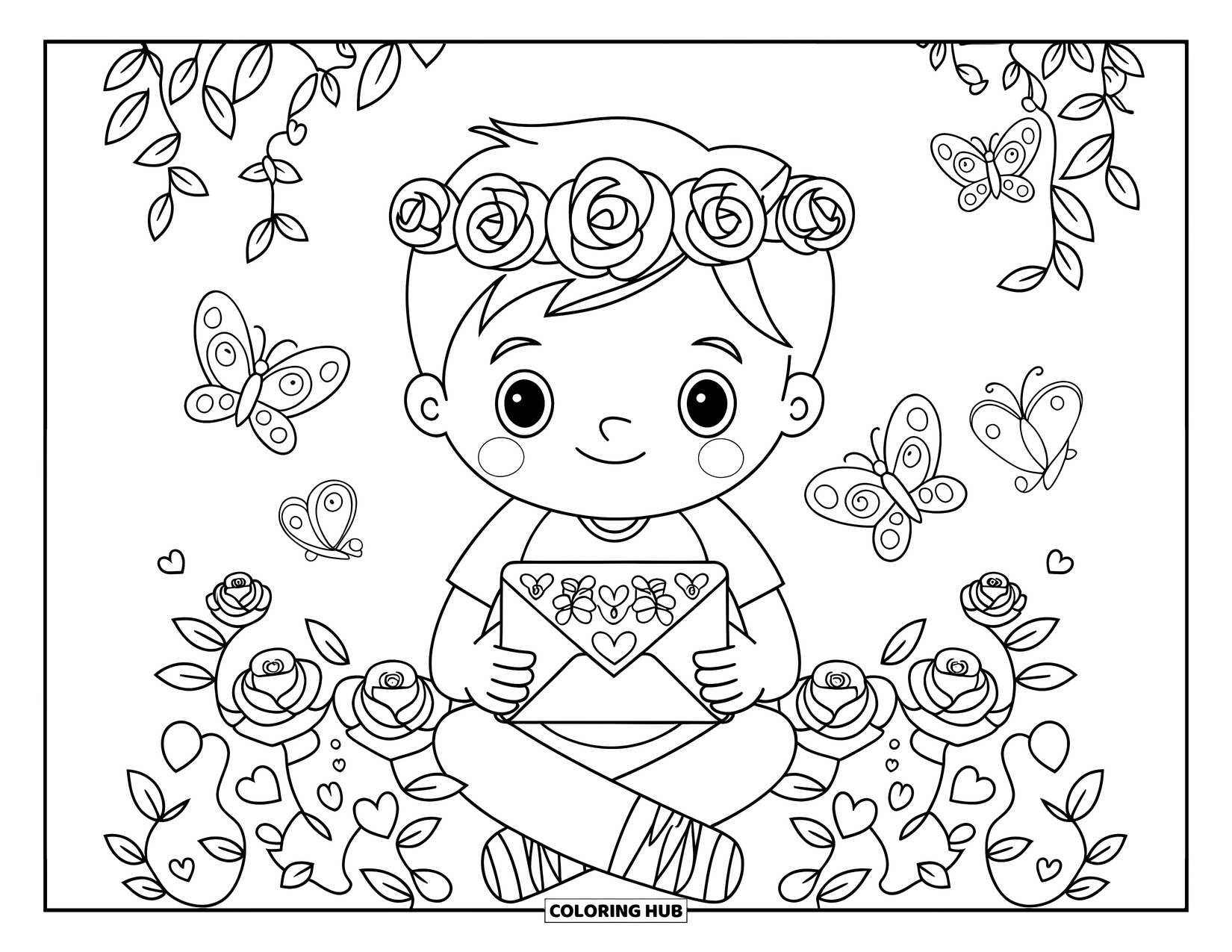 Boy Valentine Coloring Page for Adults: A boy with a crown of roses holds a Valentine envelope in a blooming garden