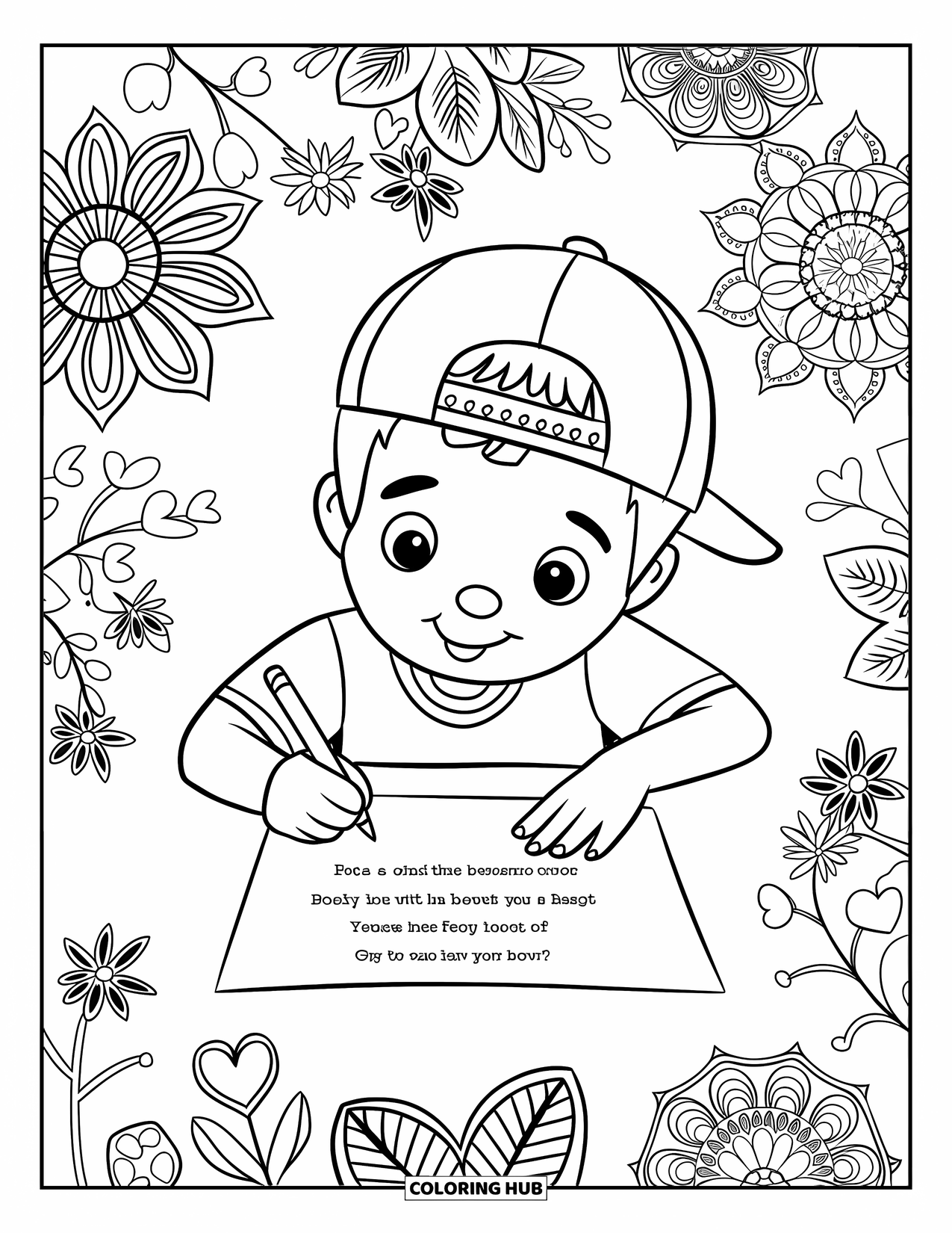 Boy Valentine Coloring Page for Adults: A boy writes a love poem within intricate botanical mandala patterns