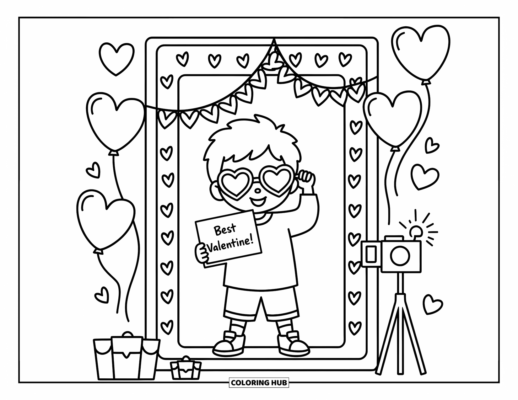 Boy Valentine Coloring Page for Adults: A cheerful boy in a heart-filled photo booth holds a cute Valentine sign