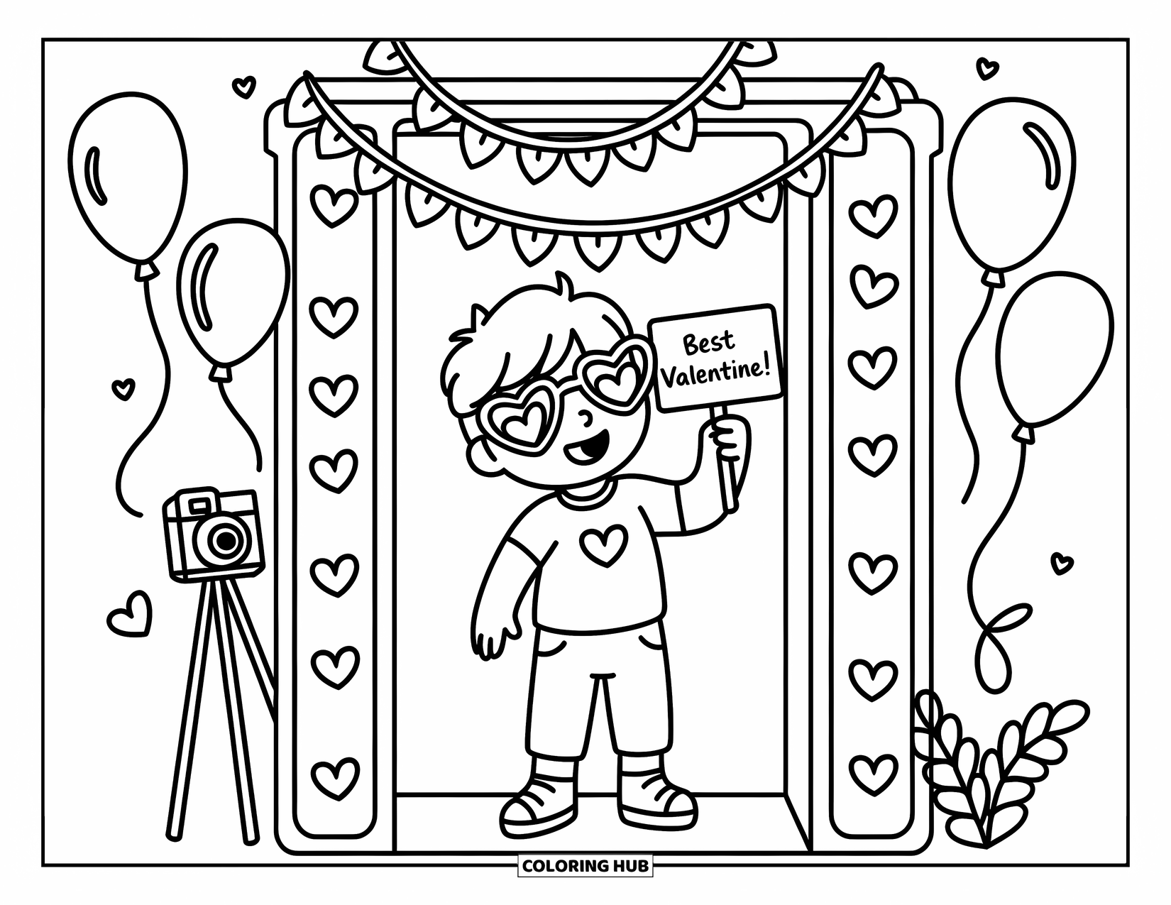 Boy Valentine Coloring Page for Adults: A happy boy poses in a Valentine photo booth holding a ìBest Valentine!î sign