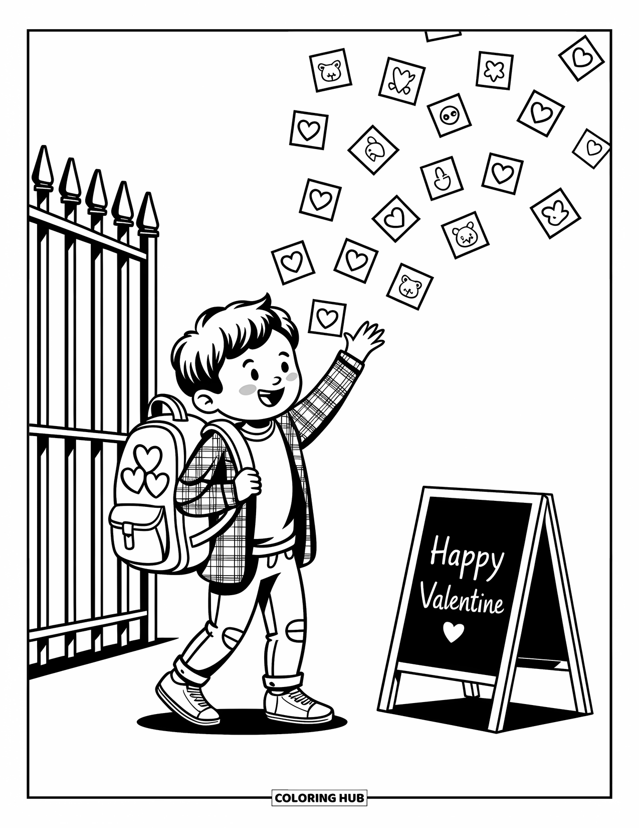 Boy Valentine Coloring Page for Adults: A smiling boy picks up heart cards near a school sign and gate
