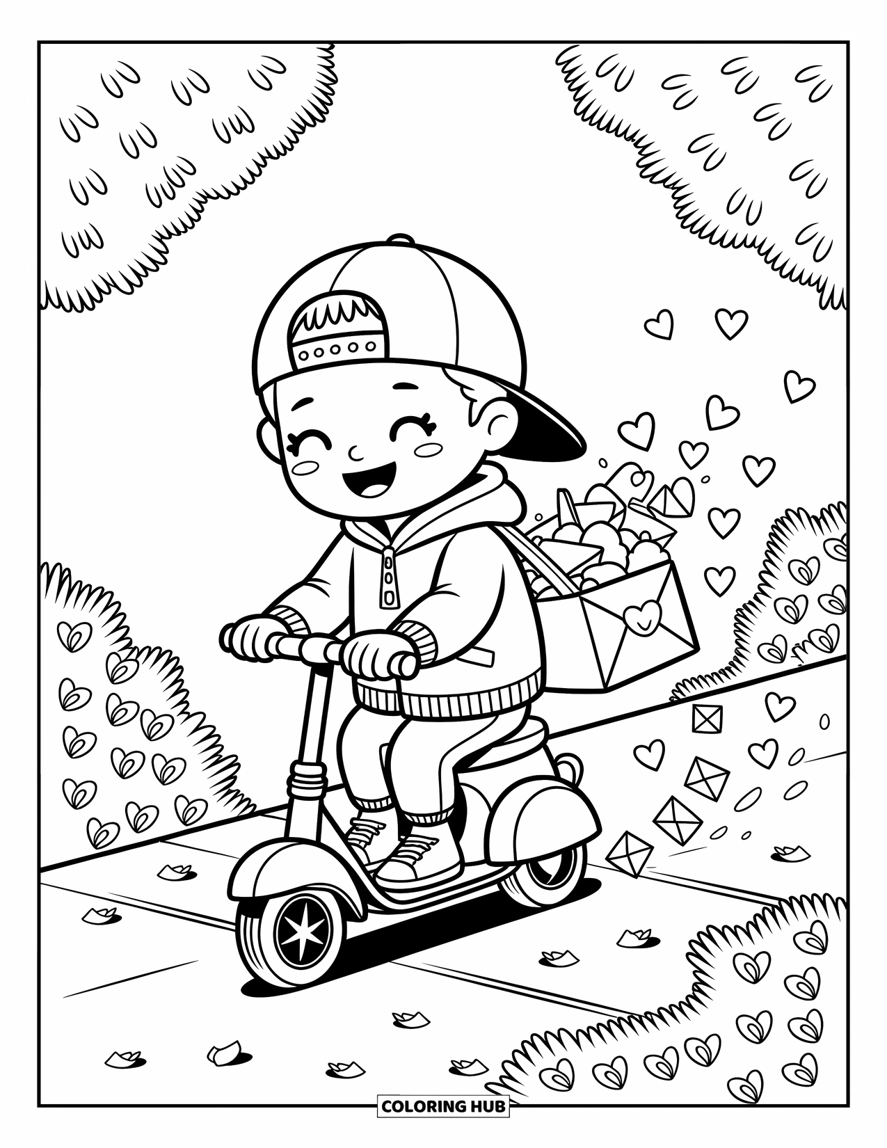 Boy Valentine Coloring Page for Adults: A smiling boy rides his scooter as paper hearts float in the air