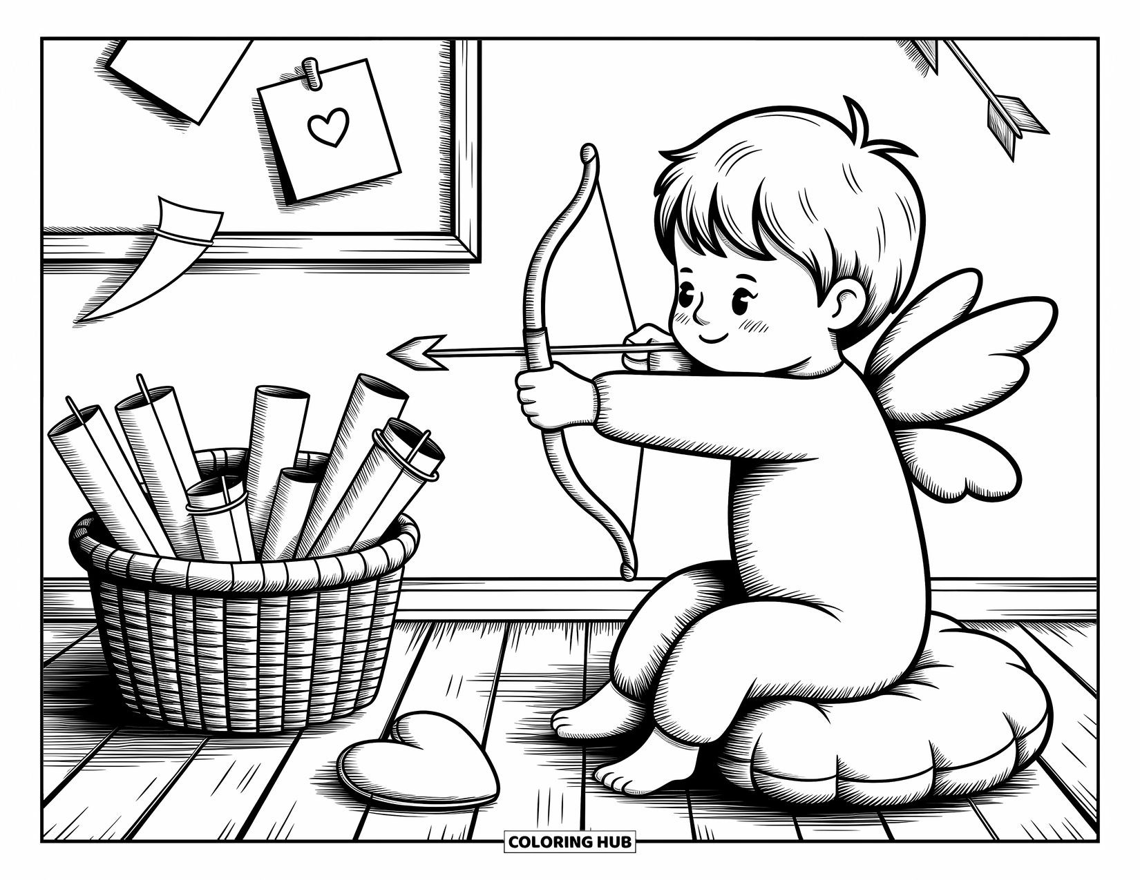 Boy Valentine Coloring Page for Adults: A smiling boy with wings practices with a heart arrow among cozy decorations
