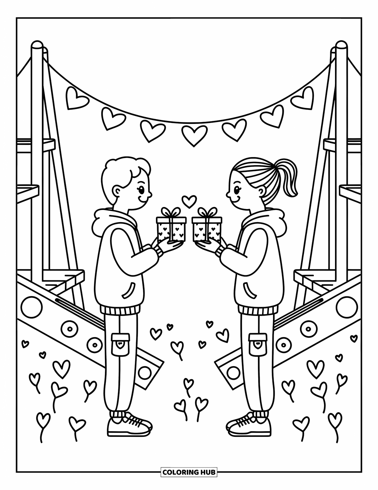 Boy Valentine Coloring Page for Adults: A smiling couple trades Valentine gifts near heart banners in a playground