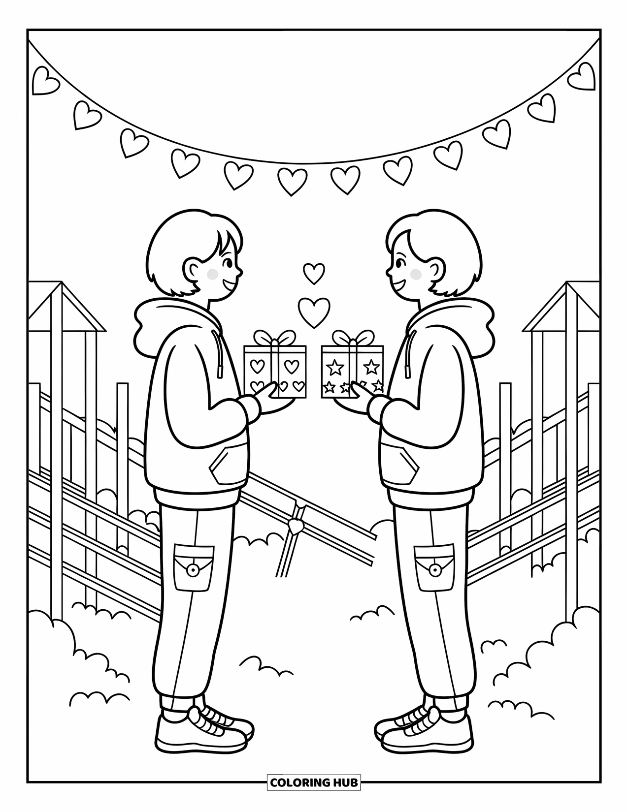 Boy Valentine Coloring Page for Adults: Two friends share gift boxes with hearts and stars at a decorated playground