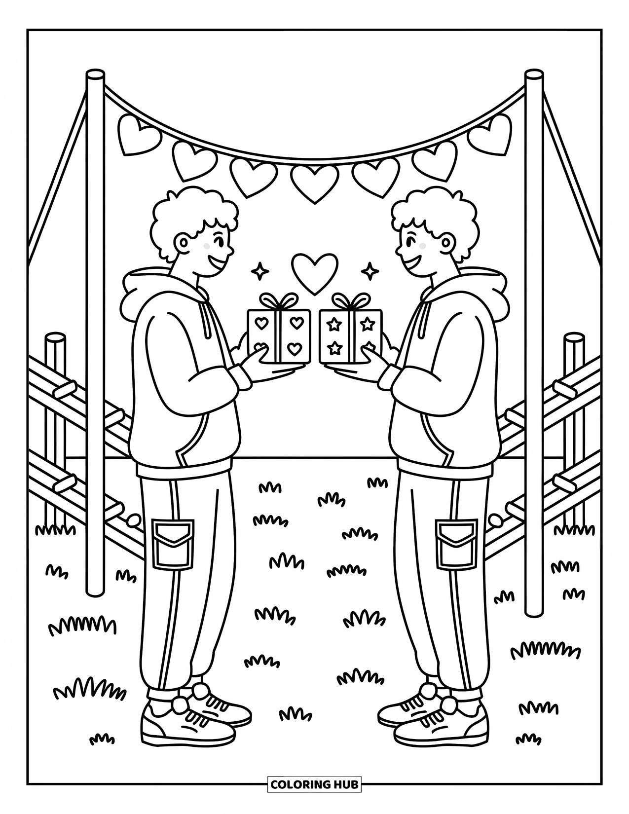 Boy Valentine Coloring Page for Adults: Two happy kids exchange small gifts under hanging hearts and monkey bars