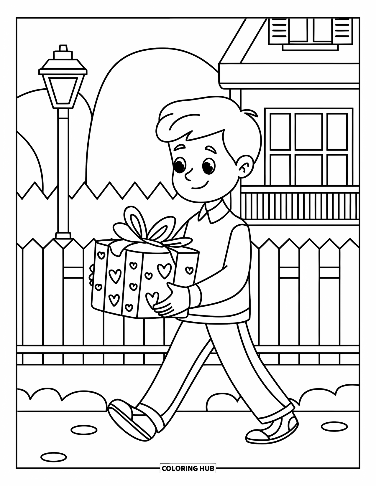 Boy Valentine Coloring Page for Kids: A boy carries a Valentine gift box down a quiet street lined with fences