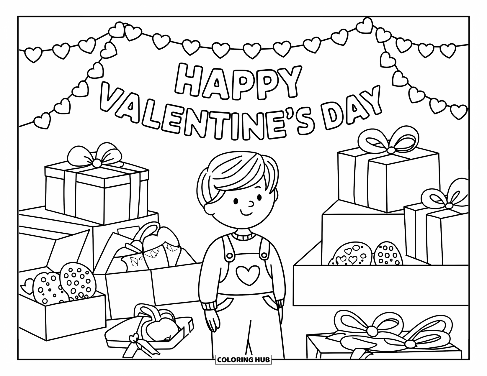 Boy Valentine Coloring Page for Kids: A boy decorates a room with heart garlands and Valentine boxes filled with surprises