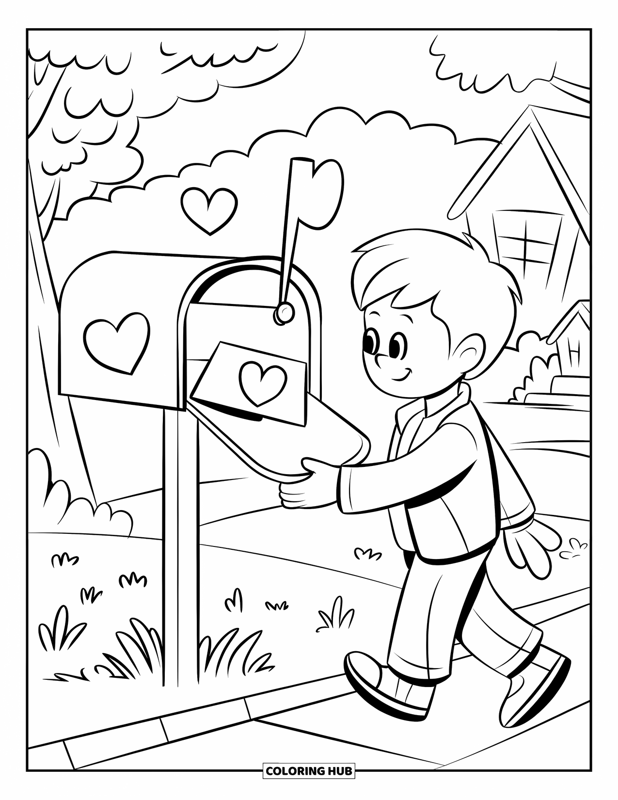 Boy Valentine Coloring Page for Kids: A boy drops a Valentine card into a heart-shaped mailbox with love