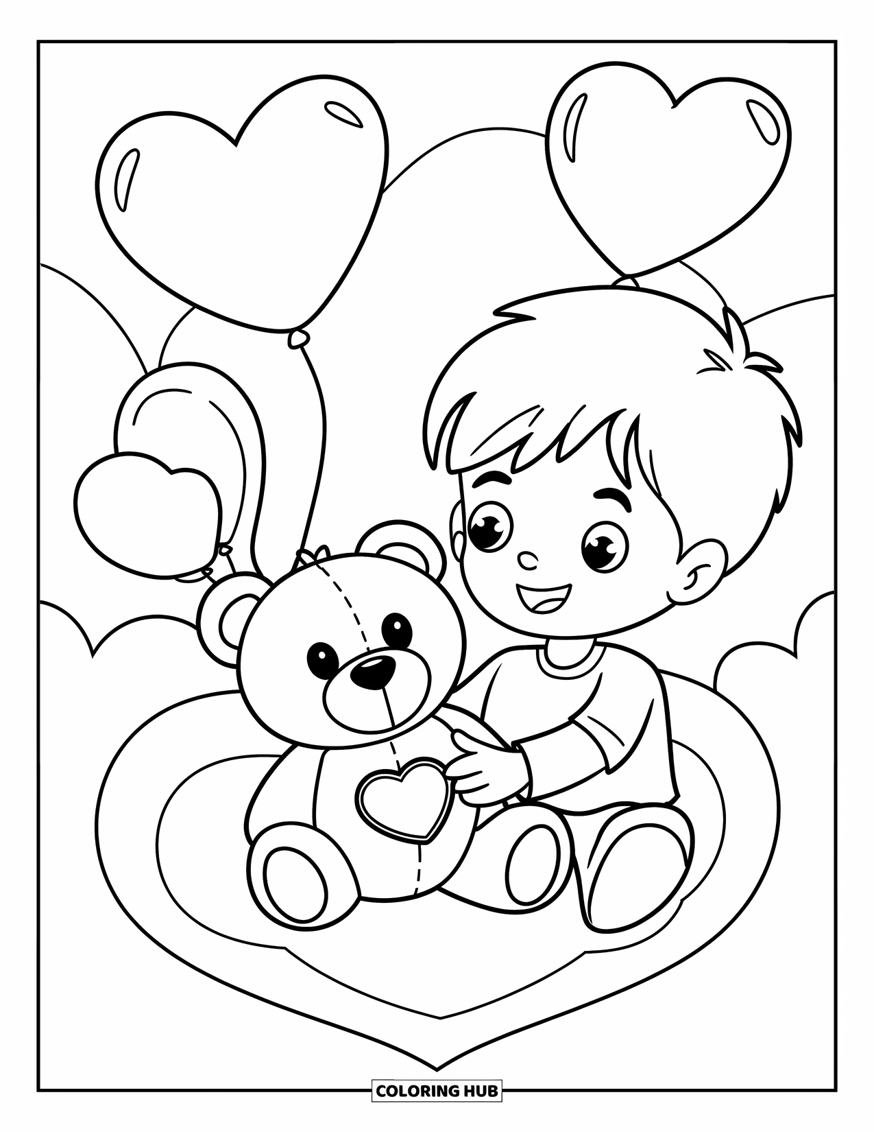 Boy Valentine Coloring Page for Kids: A boy gives a teddy bear with a heart tag while balloons float above