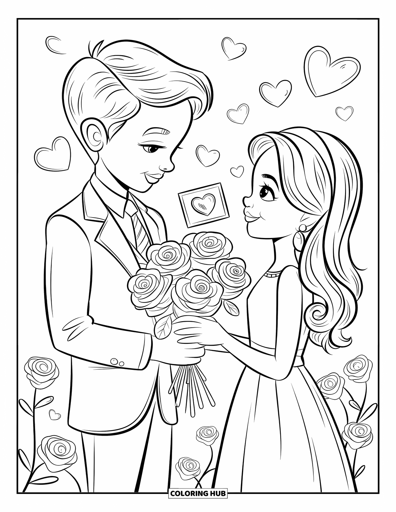 Boy Valentine Coloring Page for Kids: A boy gives roses and a Valentine card to a smiling girl in a dress
