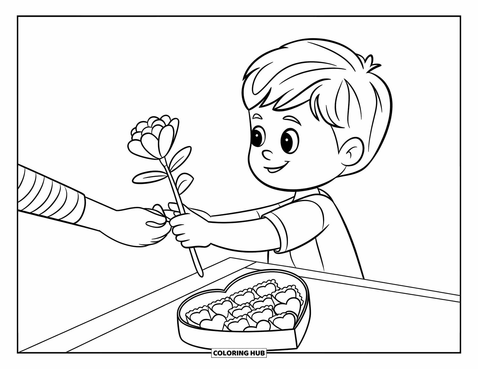 Boy Valentine Coloring Page for Kids: A boy hands a flower to someone with chocolates resting nearby