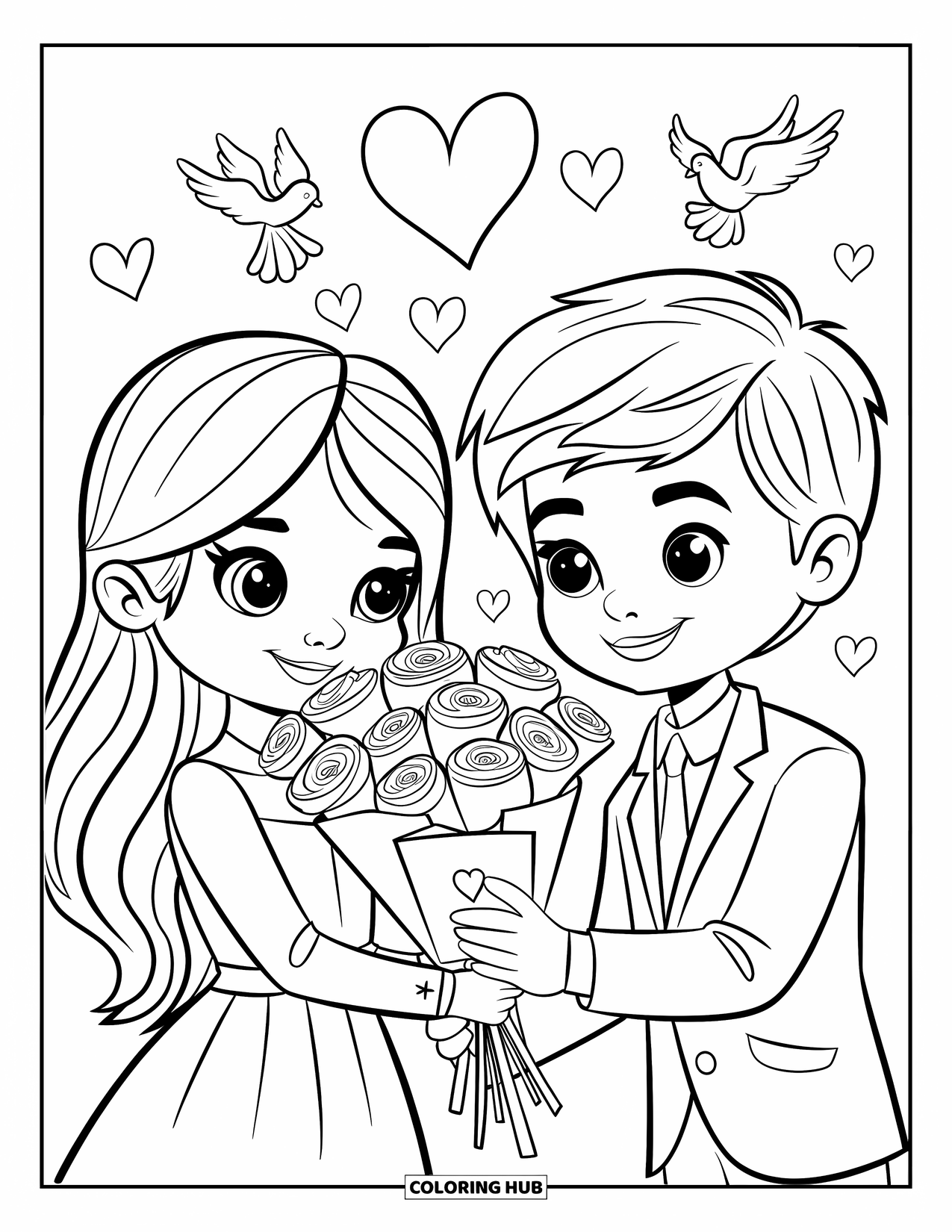 Boy Valentine Coloring Page for Kids: A boy hands roses and a Valentine card to a girl surrounded by hearts