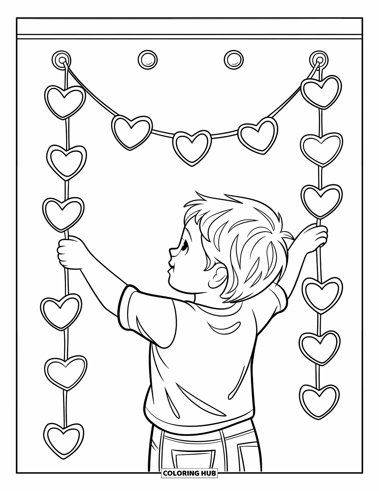Boy Valentine Coloring Page for Kids: A boy hangs up heart garlands on the wall for Valentine's Day