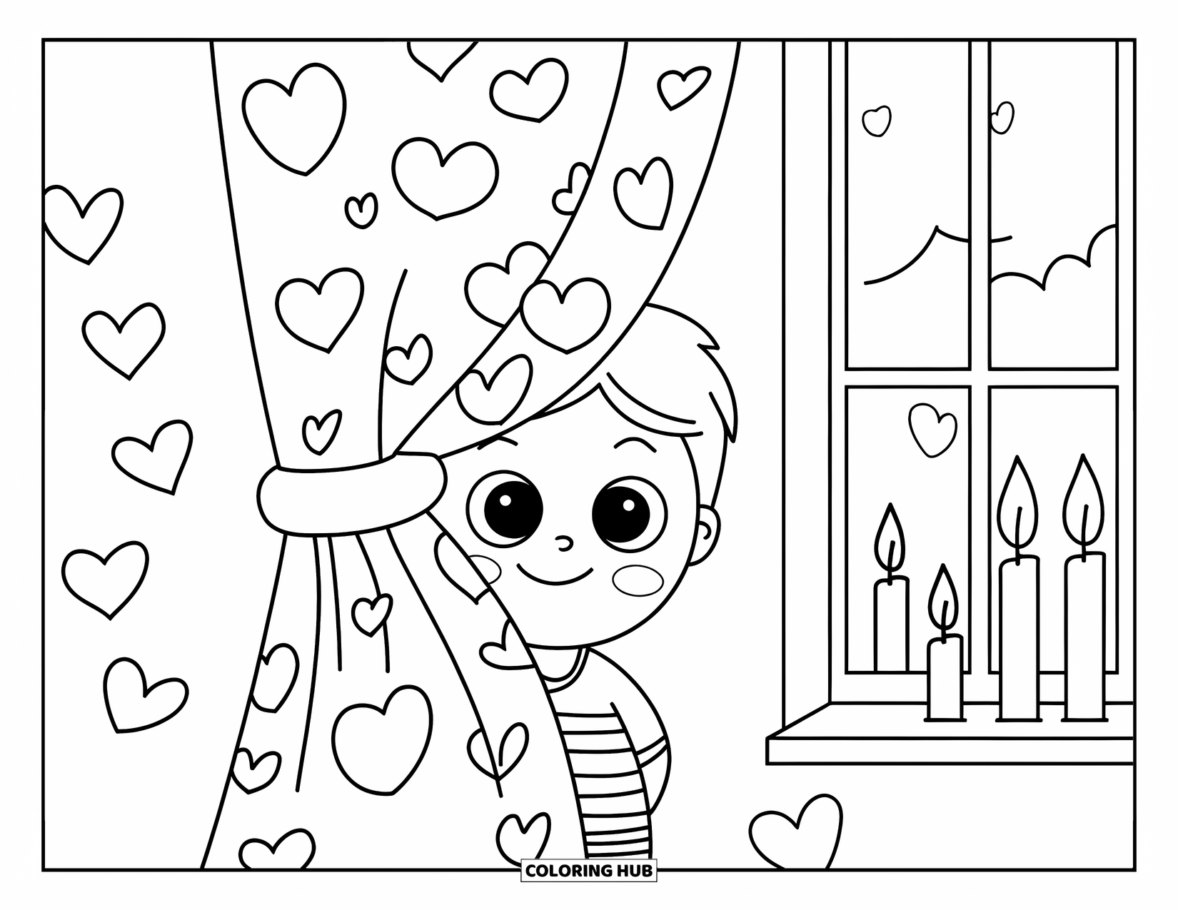 Boy Valentine Coloring Page for Kids: A boy hides behind a heart-patterned curtain near a glowing candlelit window