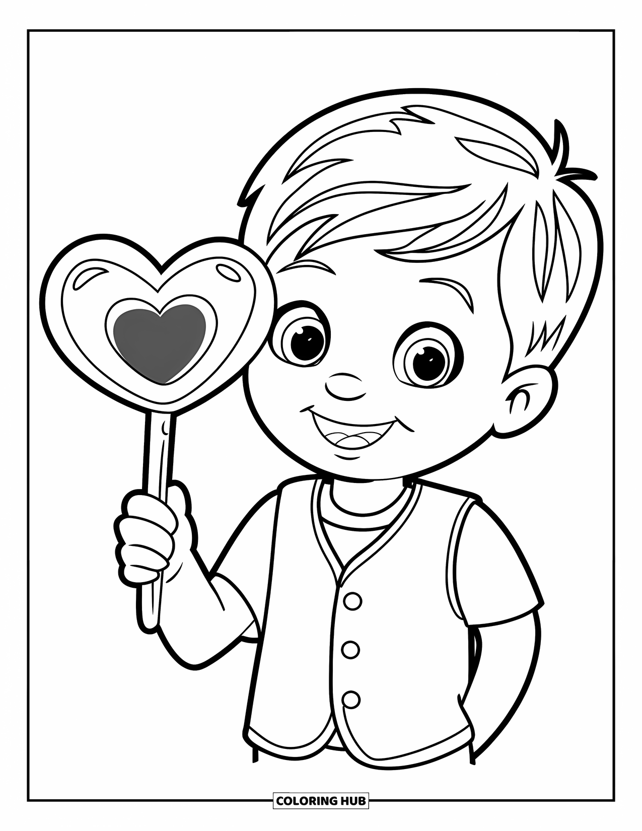 Boy Valentine Coloring Page for Kids: A boy holds a heart candy lollipop and smiles sweetly