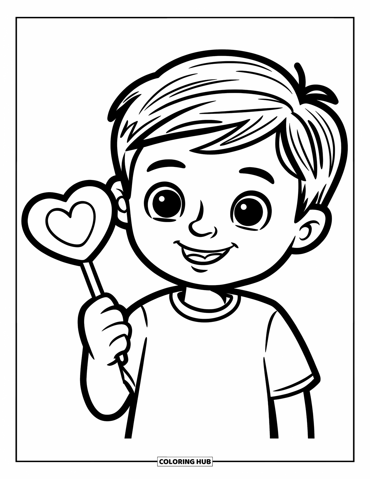 Boy Valentine Coloring Page for Kids: A boy holds a heart lollipop and smiles brightly at the viewer