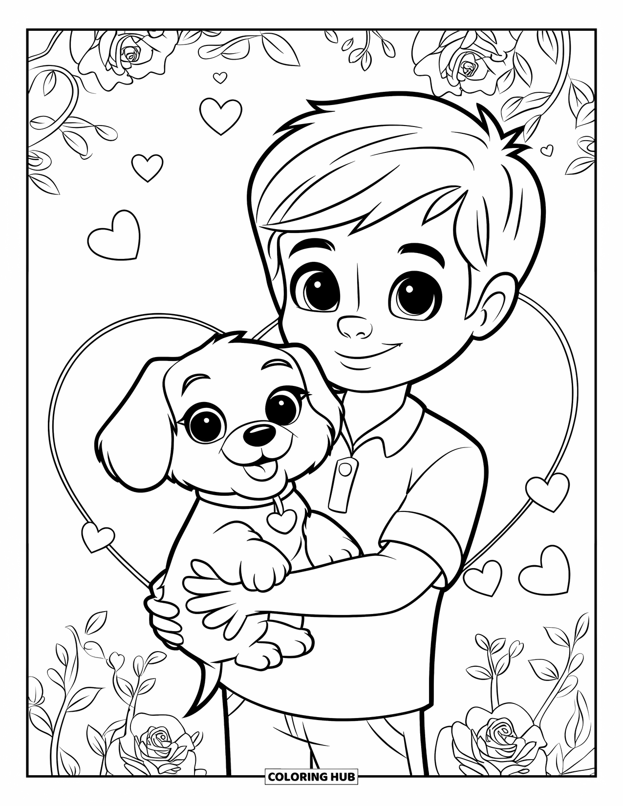 Boy Valentine Coloring Page for Kids: A boy holds a puppy wearing a cute Valentine collar and heart tag