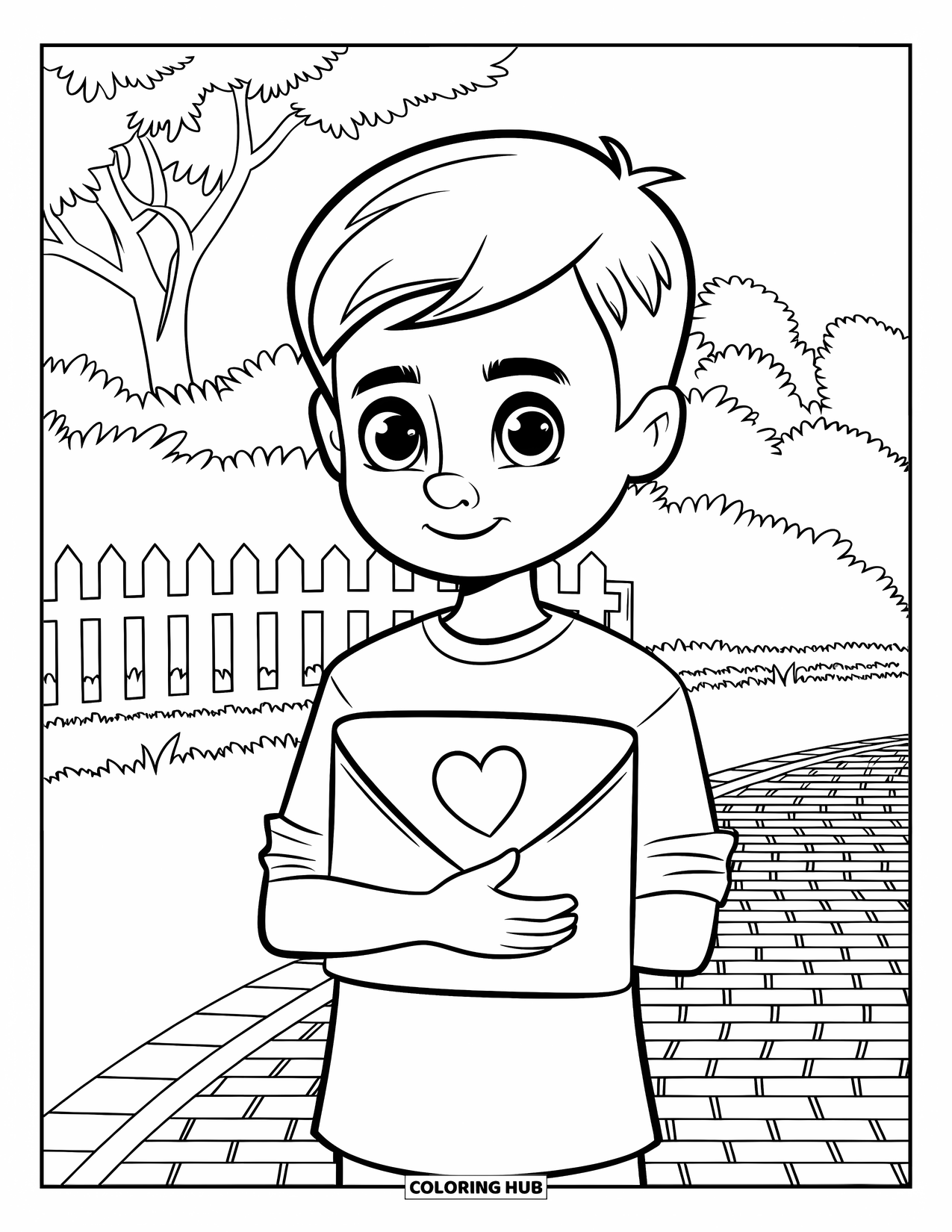 Boy Valentine Coloring Page for Kids: A boy holds a secret Valentine letter behind his back by a white fence