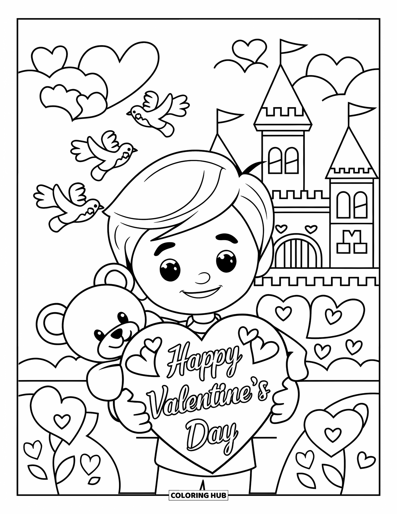Boy Valentine Coloring Page for Kids: A boy holds a teddy bear and a "Happy Valentine's Day" message