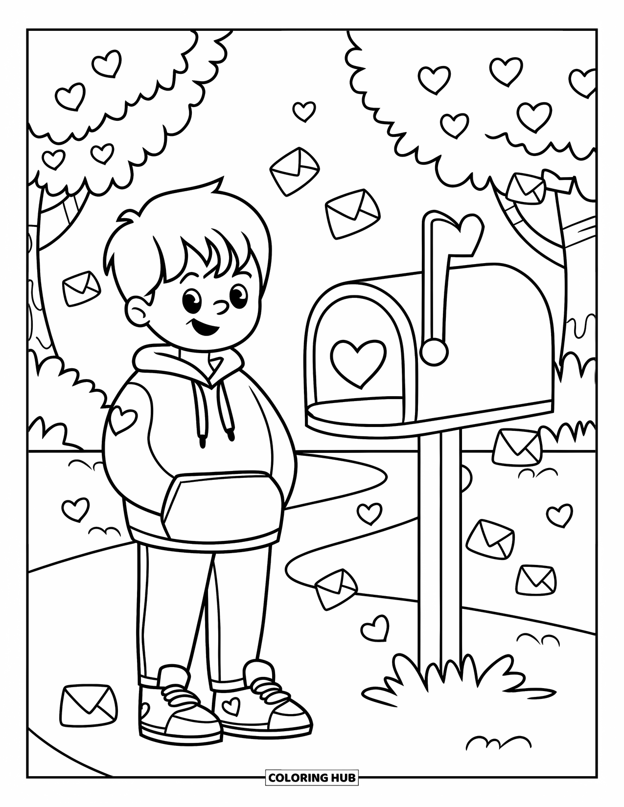 Boy Valentine Coloring Page for Kids: A boy in a hoodie stands by a mailbox with hearts and letters swirling around