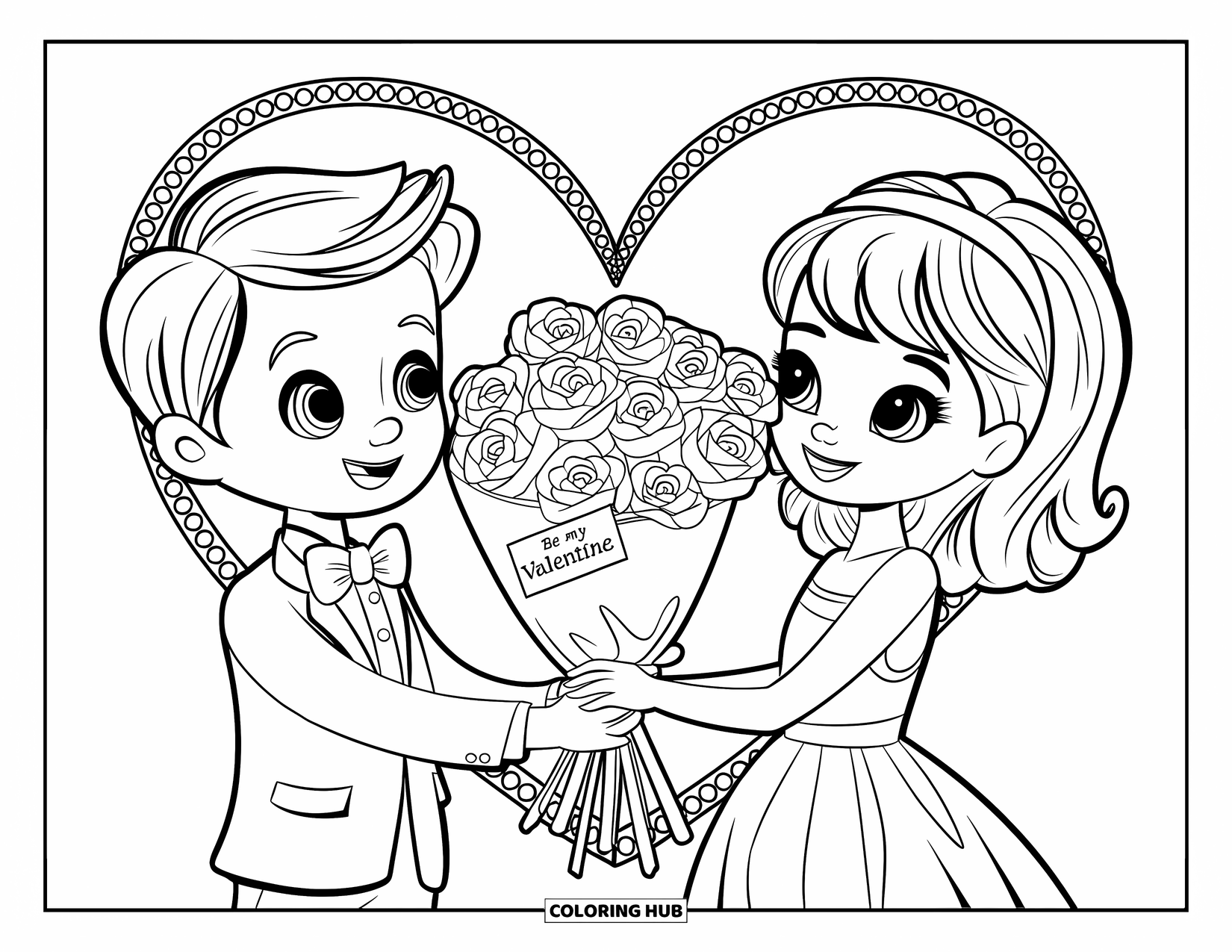Boy Valentine Coloring Page for Kids: A boy in a suit offers roses to a girl with a heart background