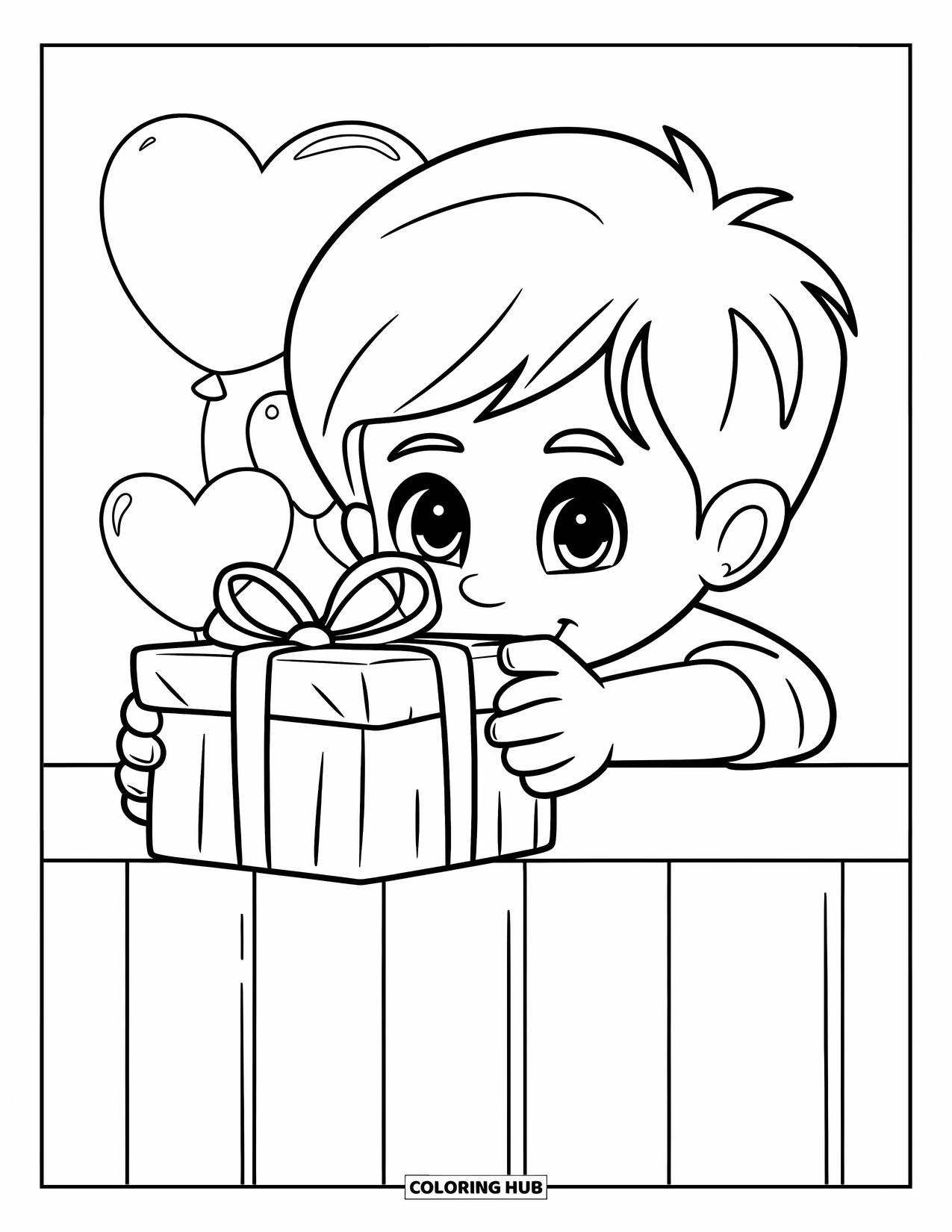 Boy Valentine Coloring Page for Kids: A boy leans on a wall holding a Valentine gift, smiling shyly