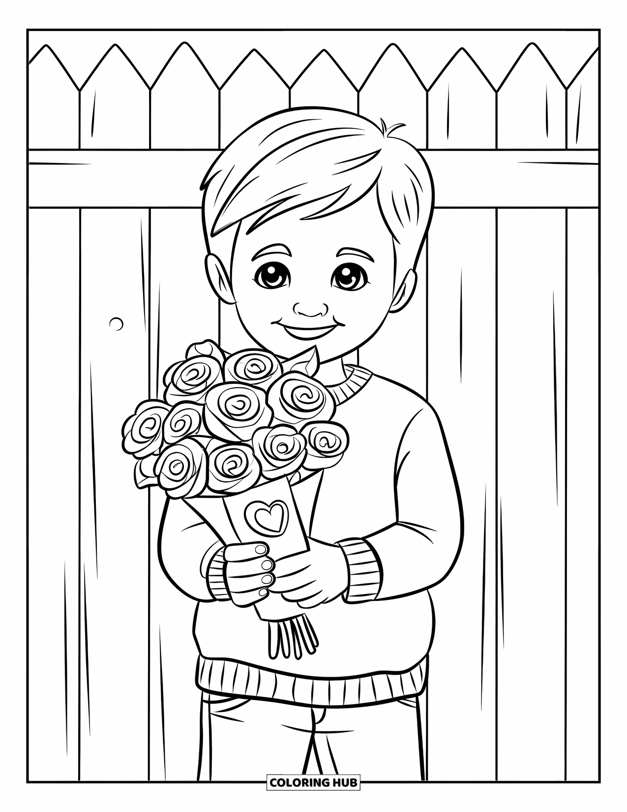 Boy Valentine Coloring Page for Kids: A boy offers a bouquet of roses and a Valentine card with a bright smile