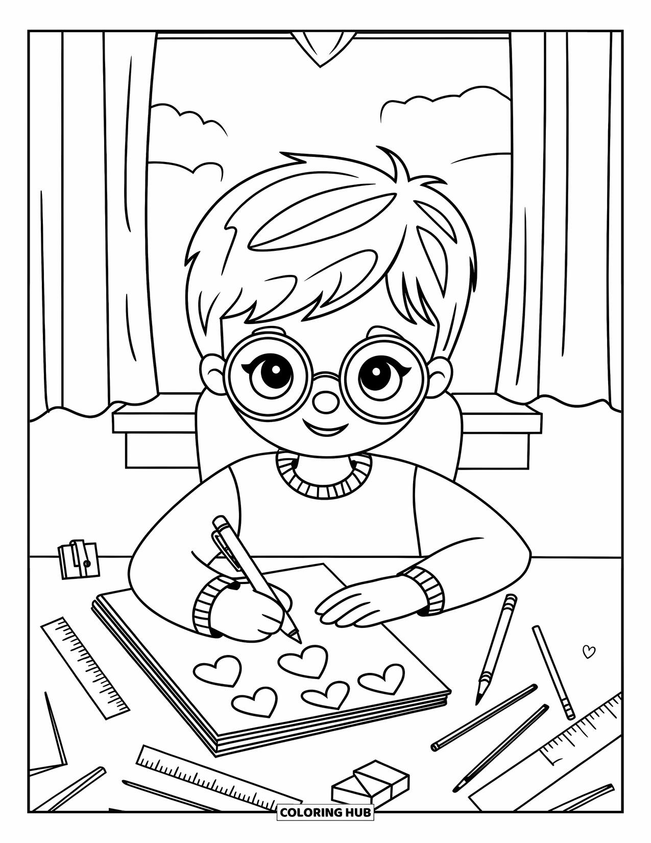 Boy Valentine Coloring Page for Kids: A boy sits at his desk drawing hearts with love-themed doodles nearby