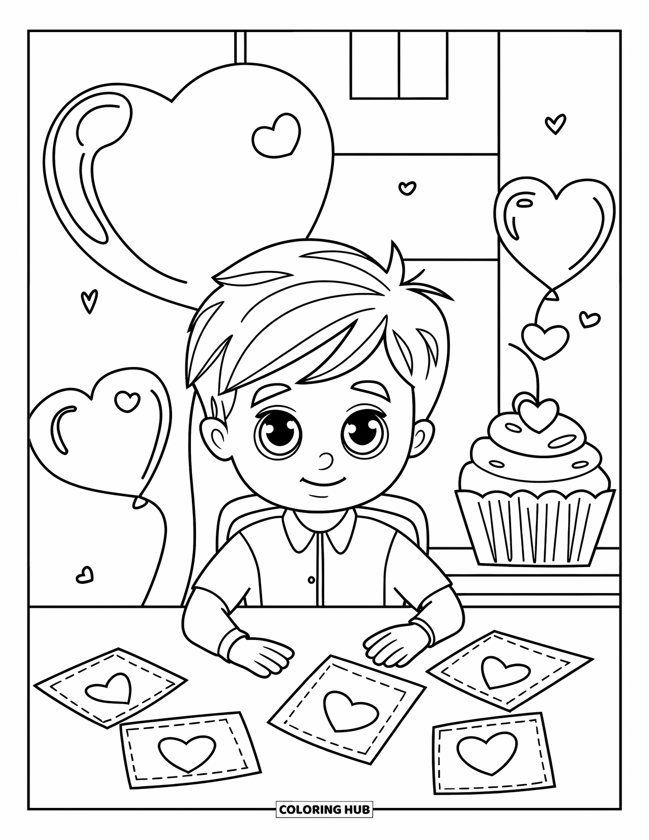 Boy Valentine Coloring Page for Kids: A boy sits at his school desk surrounded by Valentine cards and hearts