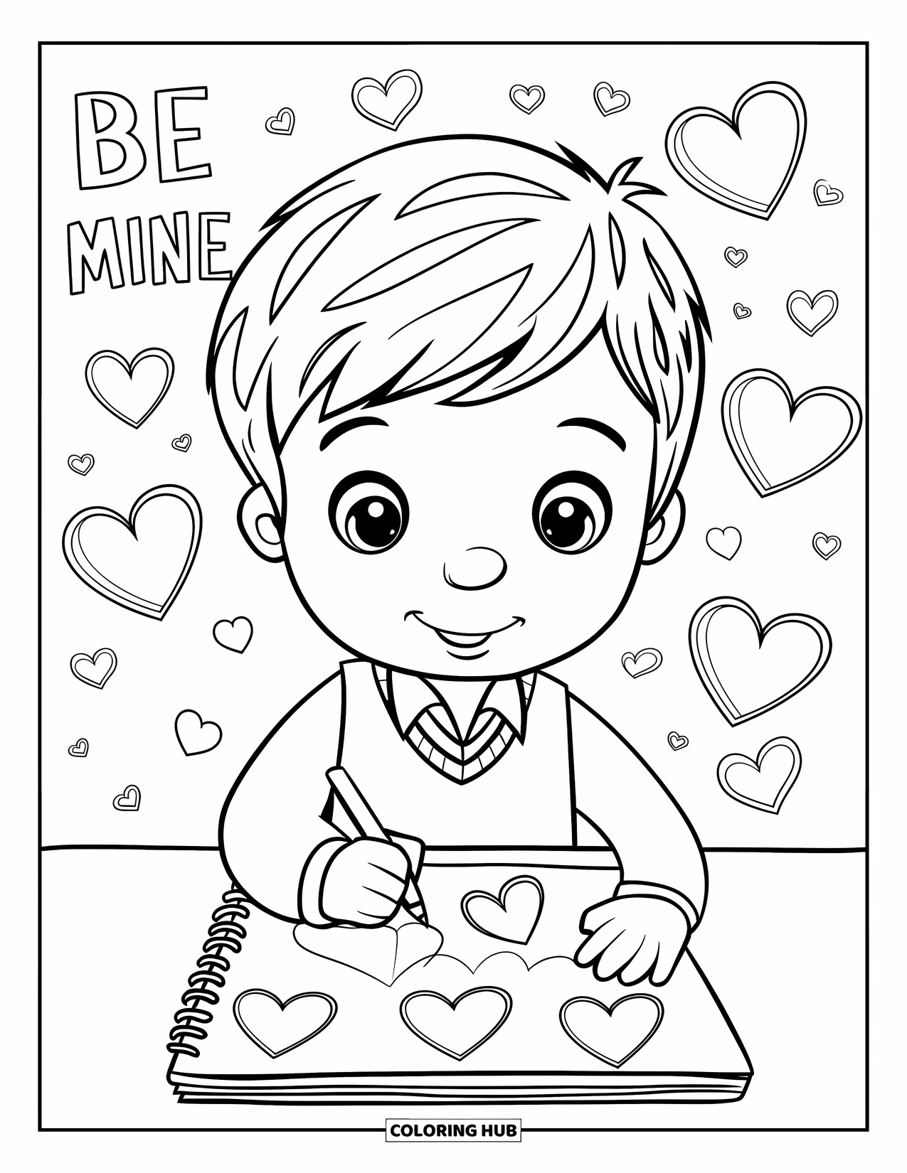 Boy Valentine Coloring Page for Kids: A boy sketches Valentine hearts in his notebook with "Be Mine" above him
